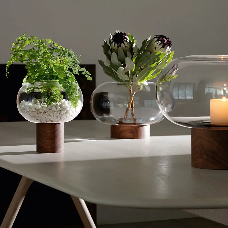 Oblate Vase, H21.5cm, Clear/Walnut