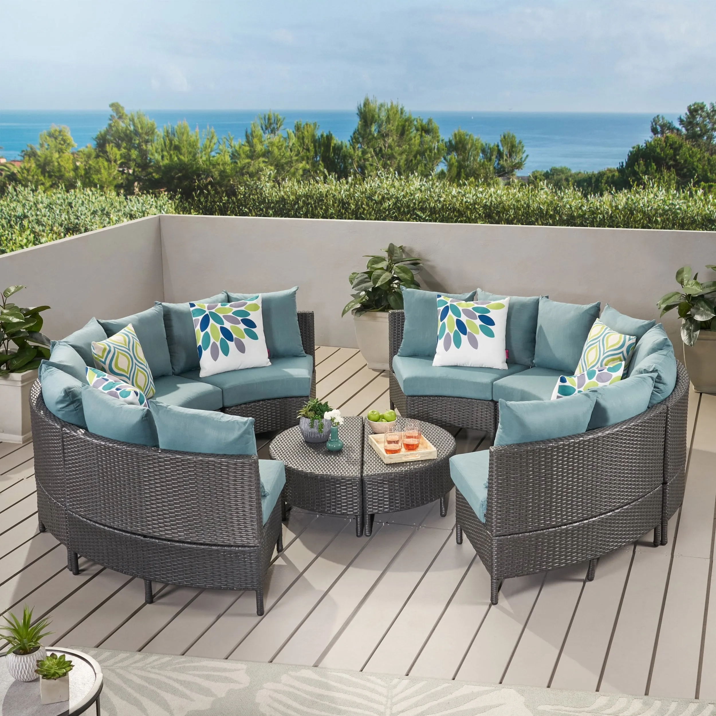 Outdoor 10 Piece Gray Wicker Sectional Sofa Set with Teal Cushions - NH406203 patio chairs, outdoor seating