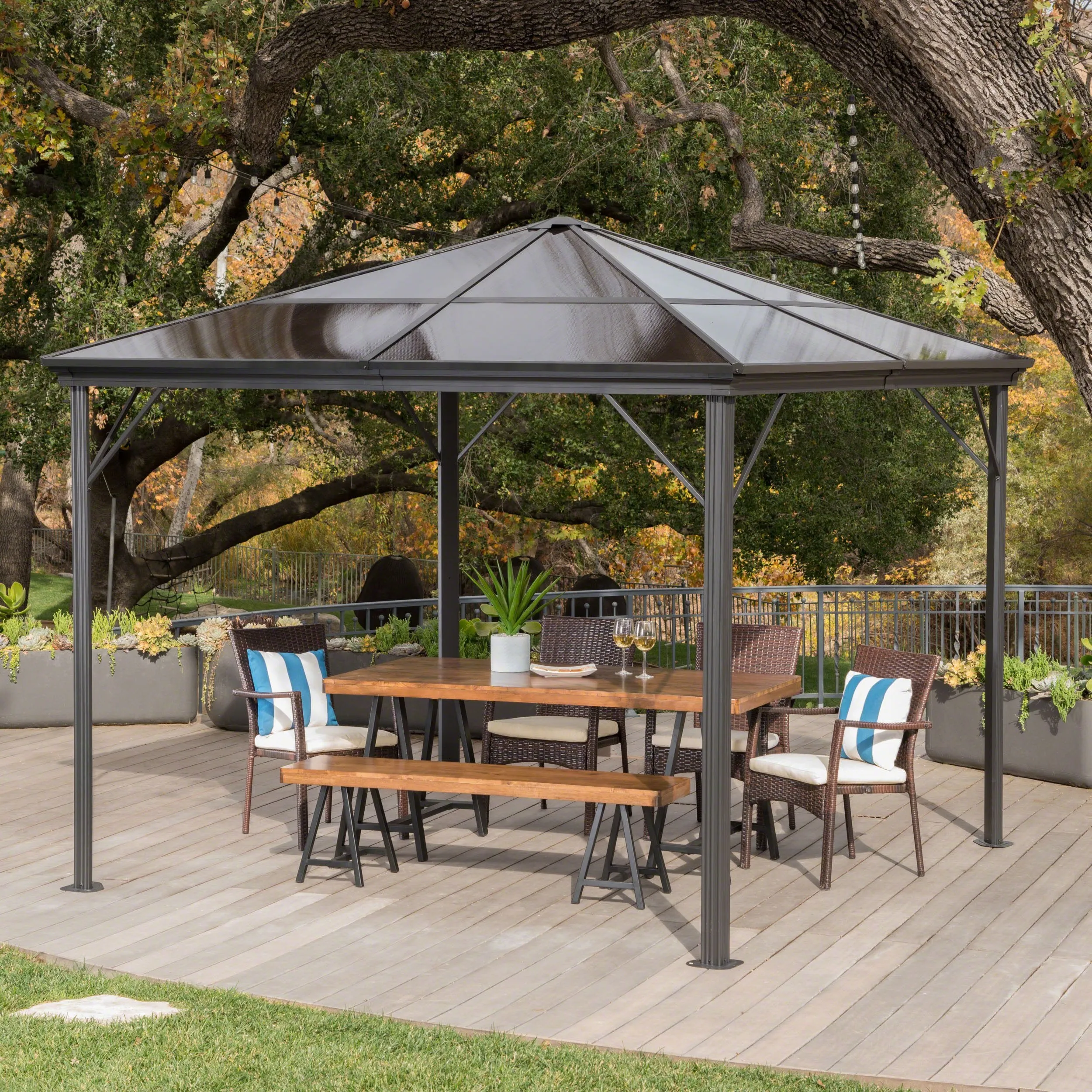 Outdoor 10 x 10 Foot Black Rust Proof Aluminum Framed Hardtop Gazebo (No Curtains) - NH183303 patio chairs, outdoor seating