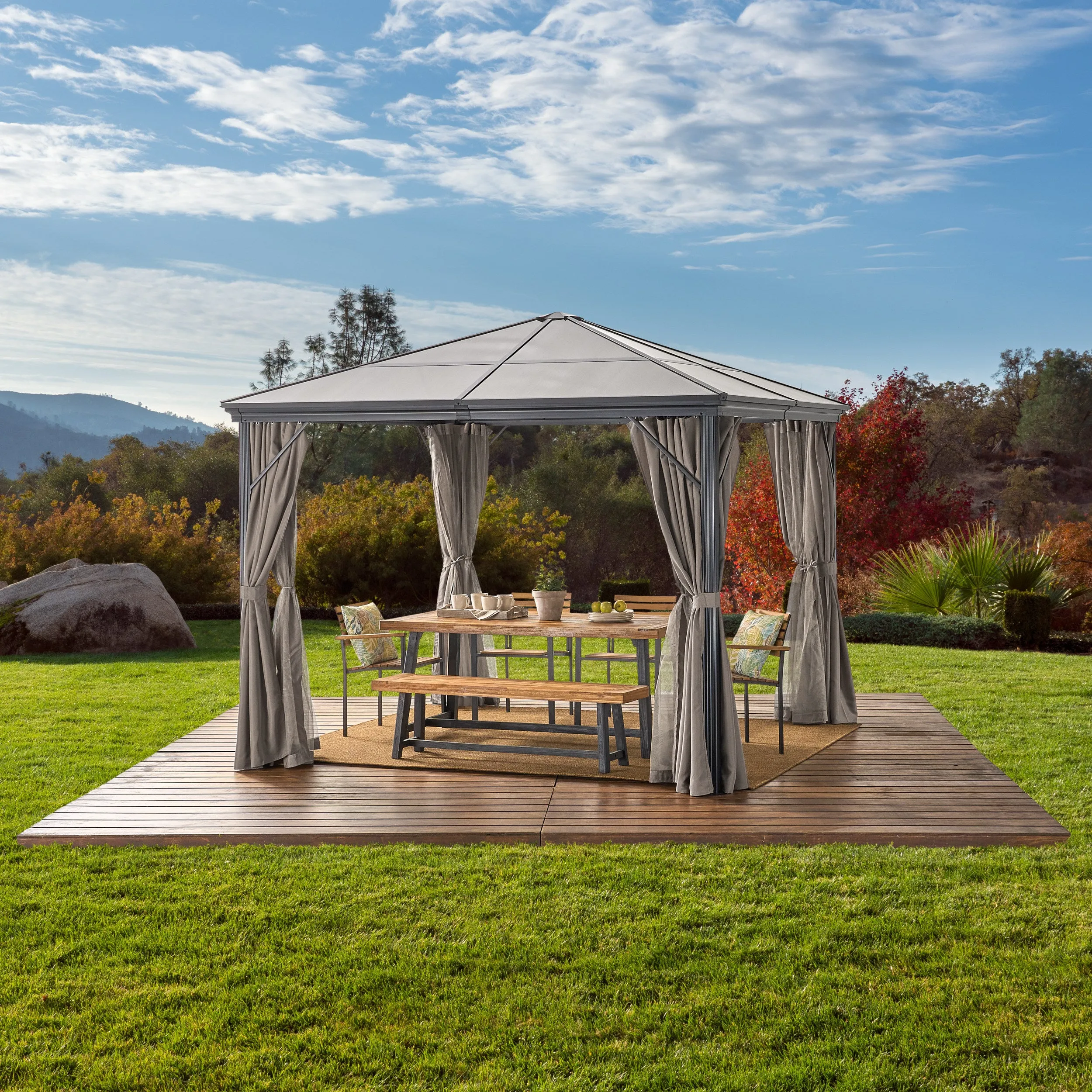 Outdoor 10 x 10 Foot Rust Proof Aluminum Framed Hardtop Gazebo with Curtains - NH873303