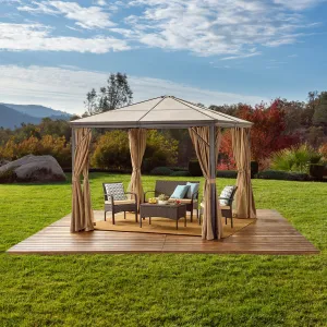 Outdoor 10 x 10 Foot Rust Proof Aluminum Framed Hardtop Gazebo with Curtains - NH873303 patio chairs, outdoor seating