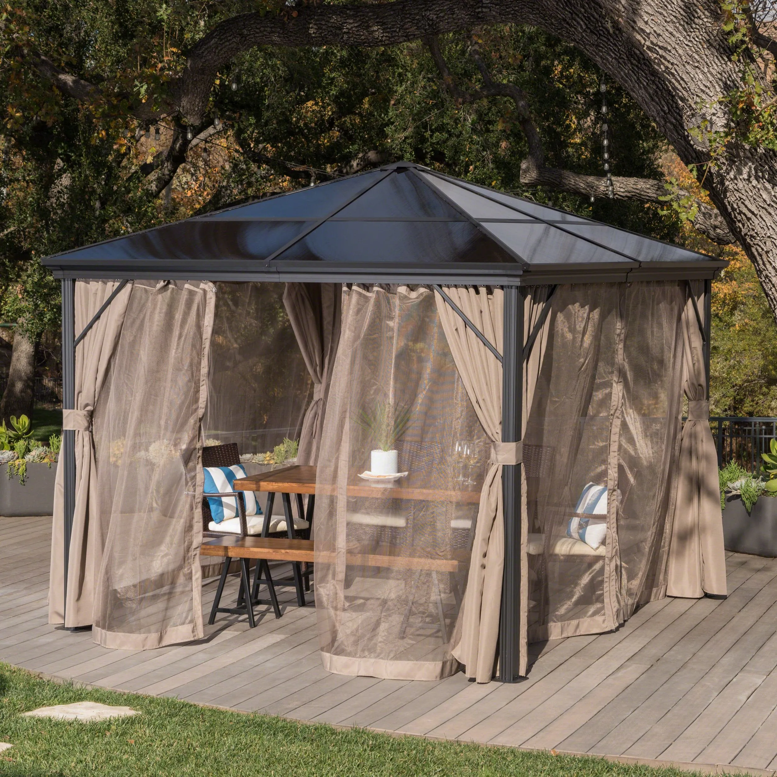 Outdoor 10 x 10 Foot Rust Proof Aluminum Framed Hardtop Gazebo with Curtains - NH873303