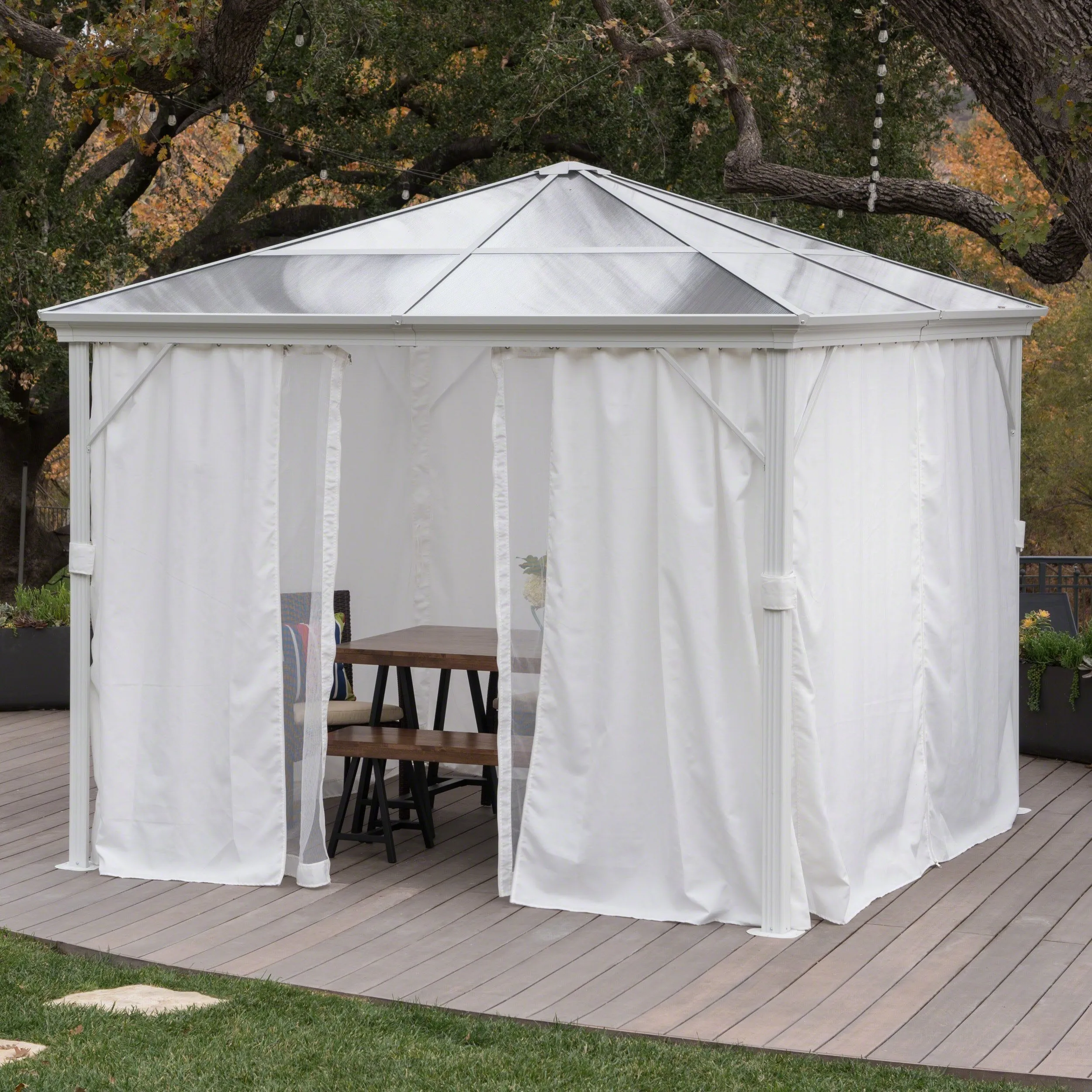 Outdoor 10 x 10 Foot Rust Proof Aluminum Framed Hardtop Gazebo with Curtains - NH873303