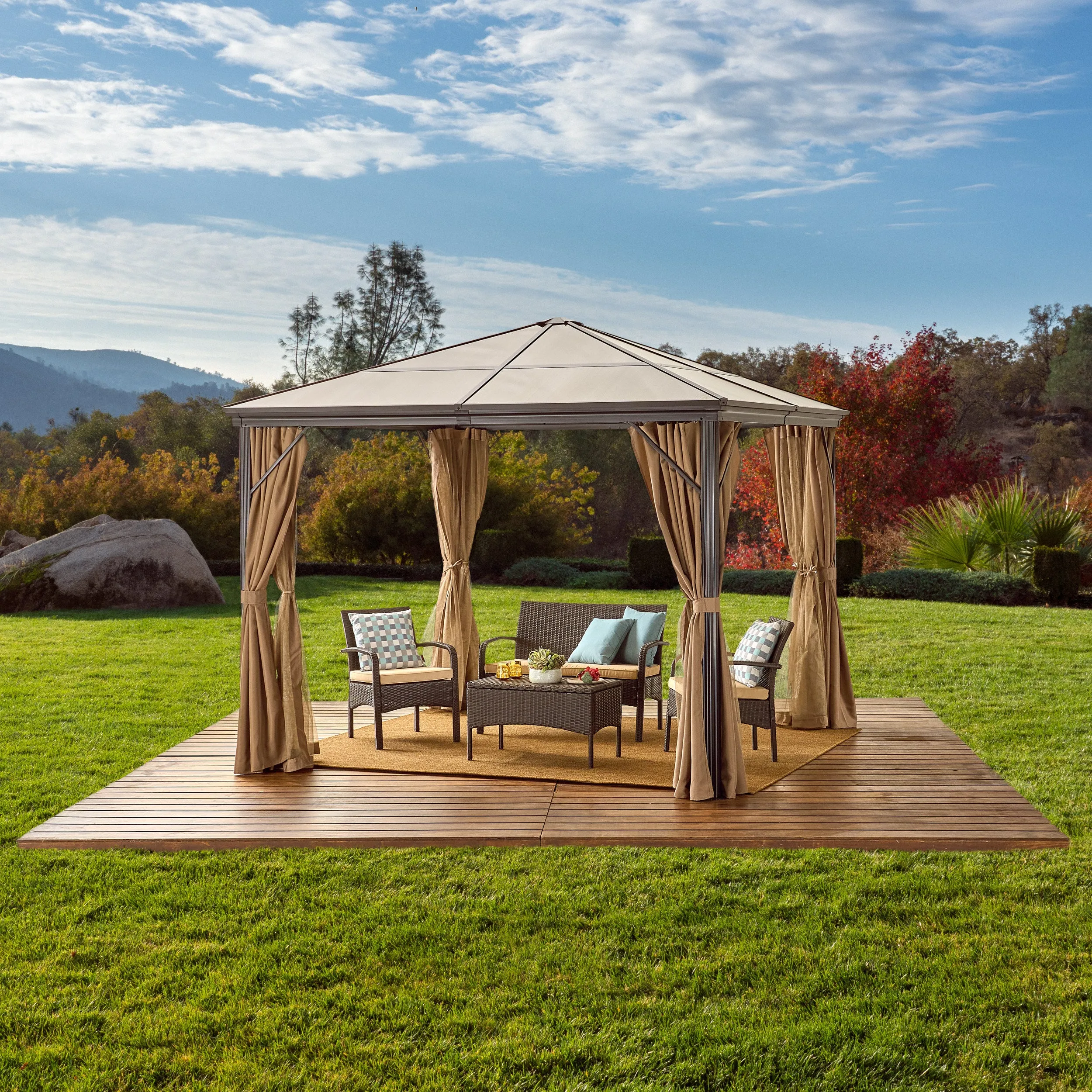 Outdoor 10 x 10 Foot Rust Proof Aluminum Framed Hardtop Gazebo with Curtains - NH873303 patio chairs, outdoor seating