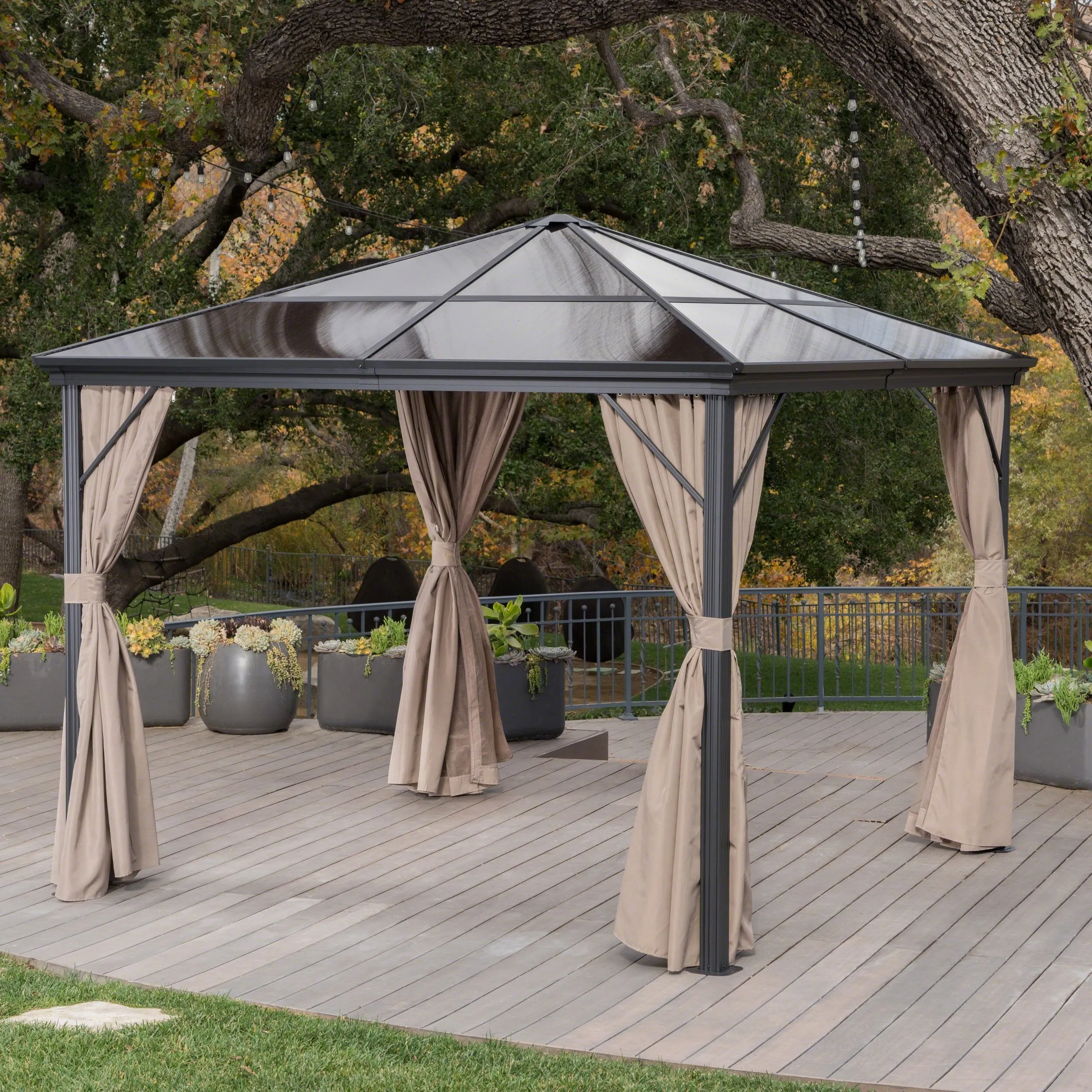 Outdoor 10 x 10 Foot Rust Proof Aluminum Framed Hardtop Gazebo with Curtains - NH873303