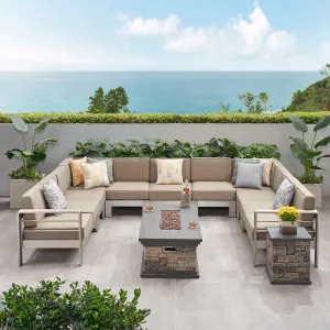 Outdoor 11 Seater Aluminum U-Shaped Sofa Sectional and Fire Pit Set - NH768903 patio chairs, outdoor seating