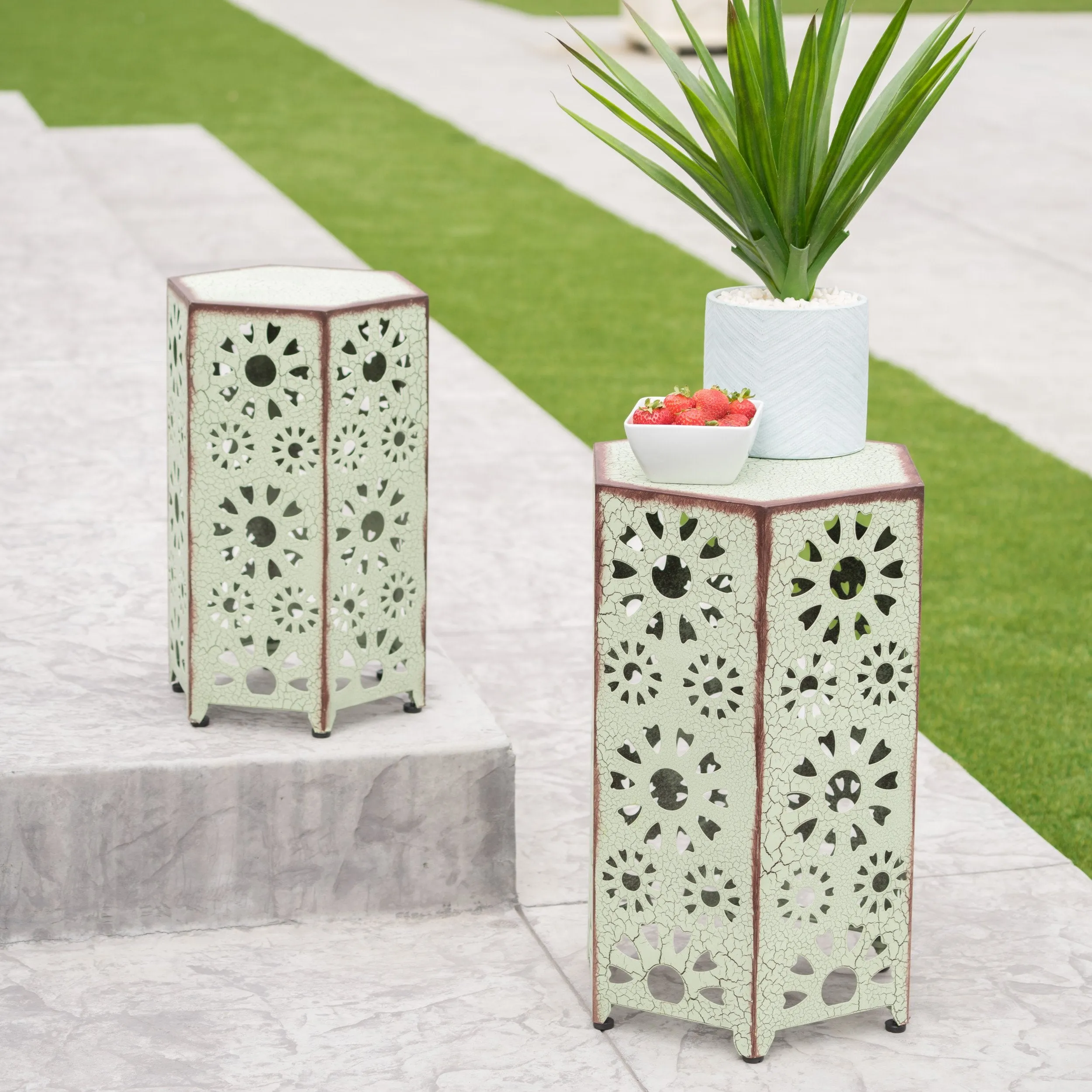 Outdoor 12 Inch and 14 Inch Crackle Green Sunburst Iron Side Table Set - NH069103 patio chairs, outdoor seating