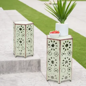Outdoor 12 Inch and 14 Inch Crackle Green Sunburst Iron Side Table Set - NH069103 patio chairs, outdoor seating