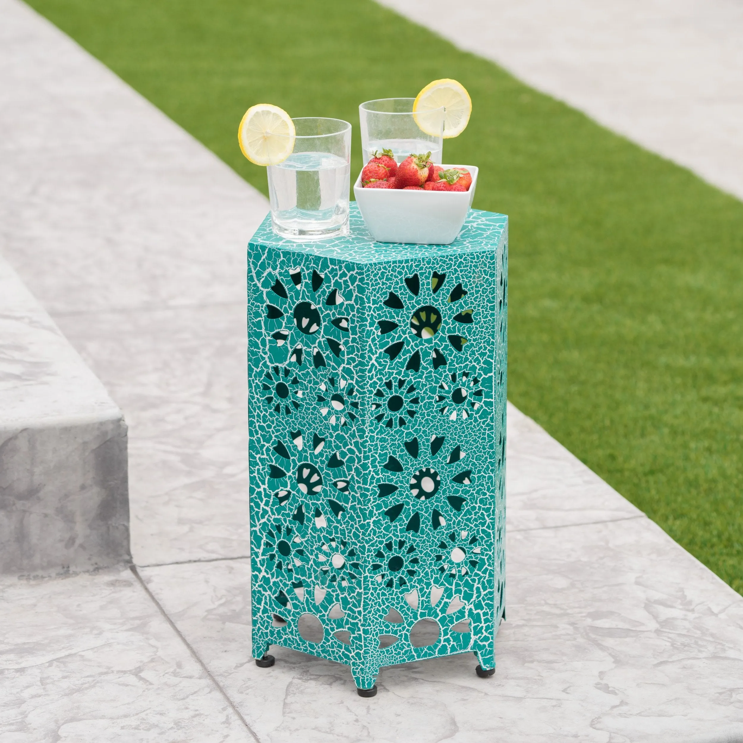 Outdoor 12 Inch Crackle Sunburst Iron Side Table - NH359103 patio chairs, outdoor seating