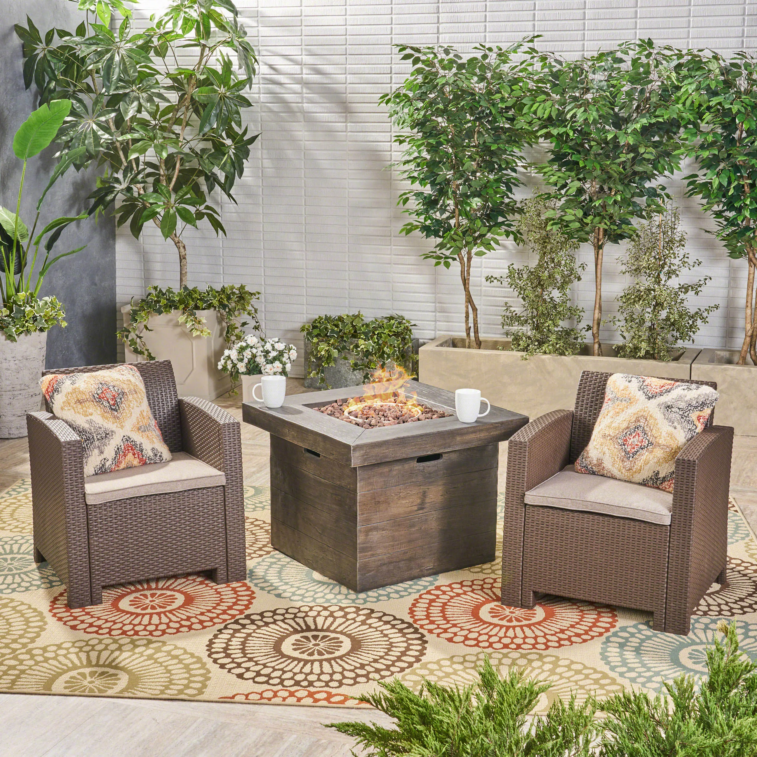 Outdoor 2-Seater Wicker Print Club Chair Chat Set with Fire Pit - NH413603 patio chairs, outdoor seating