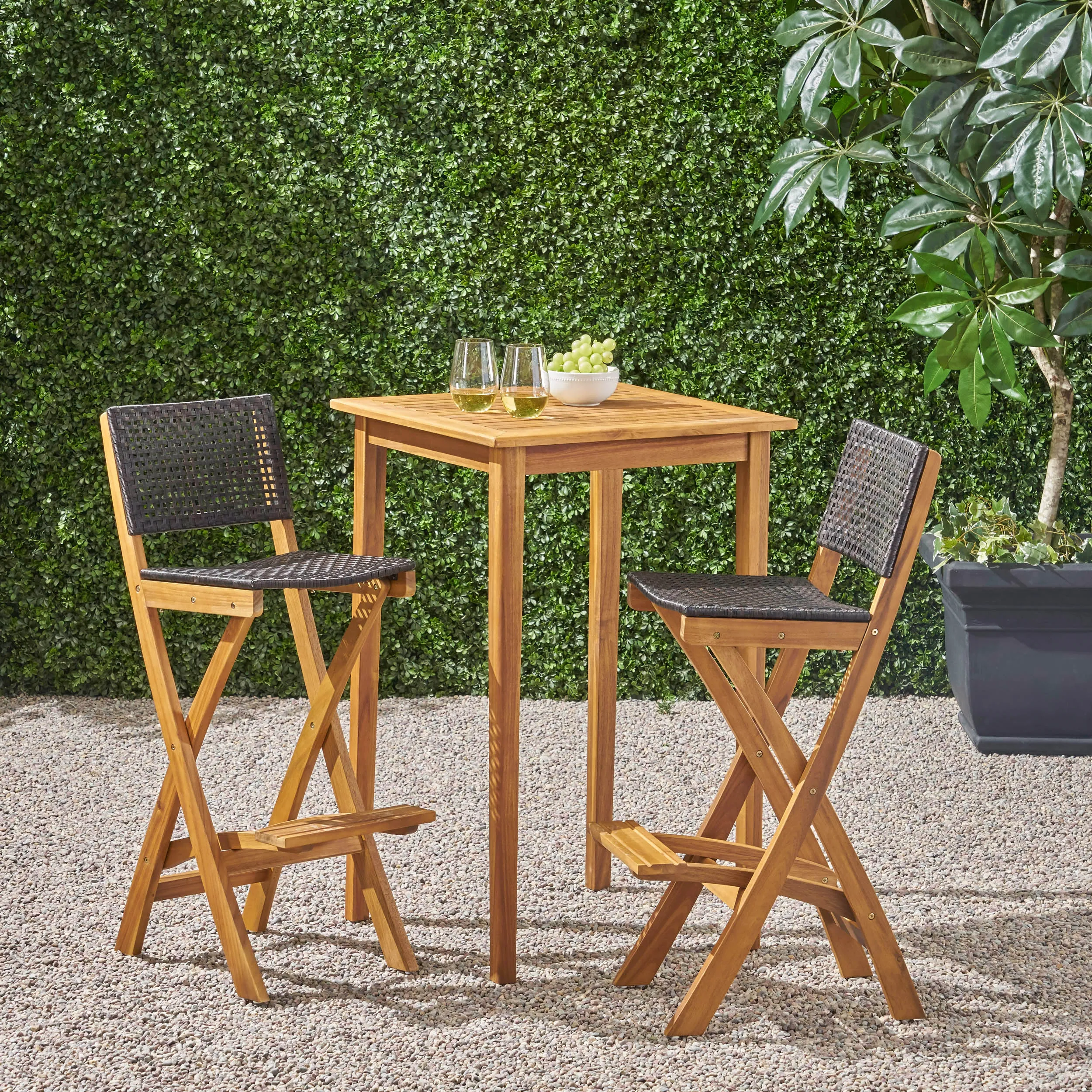 Outdoor 26" Square 3 Piece Wood and Wicker Bar Height Set - NH843903 patio chairs, outdoor seating