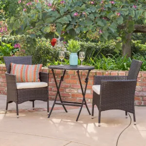 Outdoor 3 Pc brown Wicker Bistro Set w/Beige Water Resistant Cushion - NH472003 patio chairs, outdoor seating