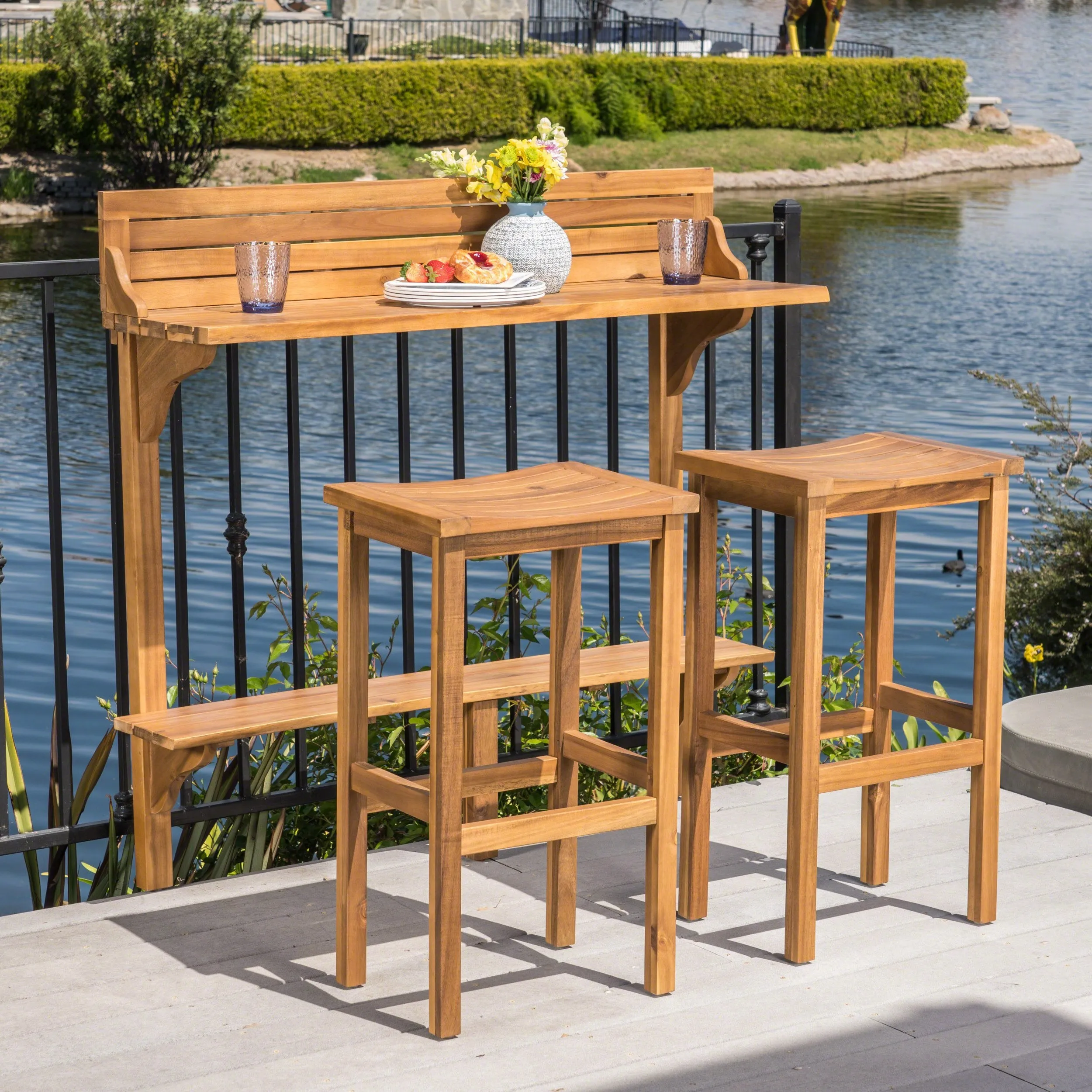 Outdoor 3 Piece Acacia Wood Balcony Bar Set - NH641403 patio chairs, outdoor seating