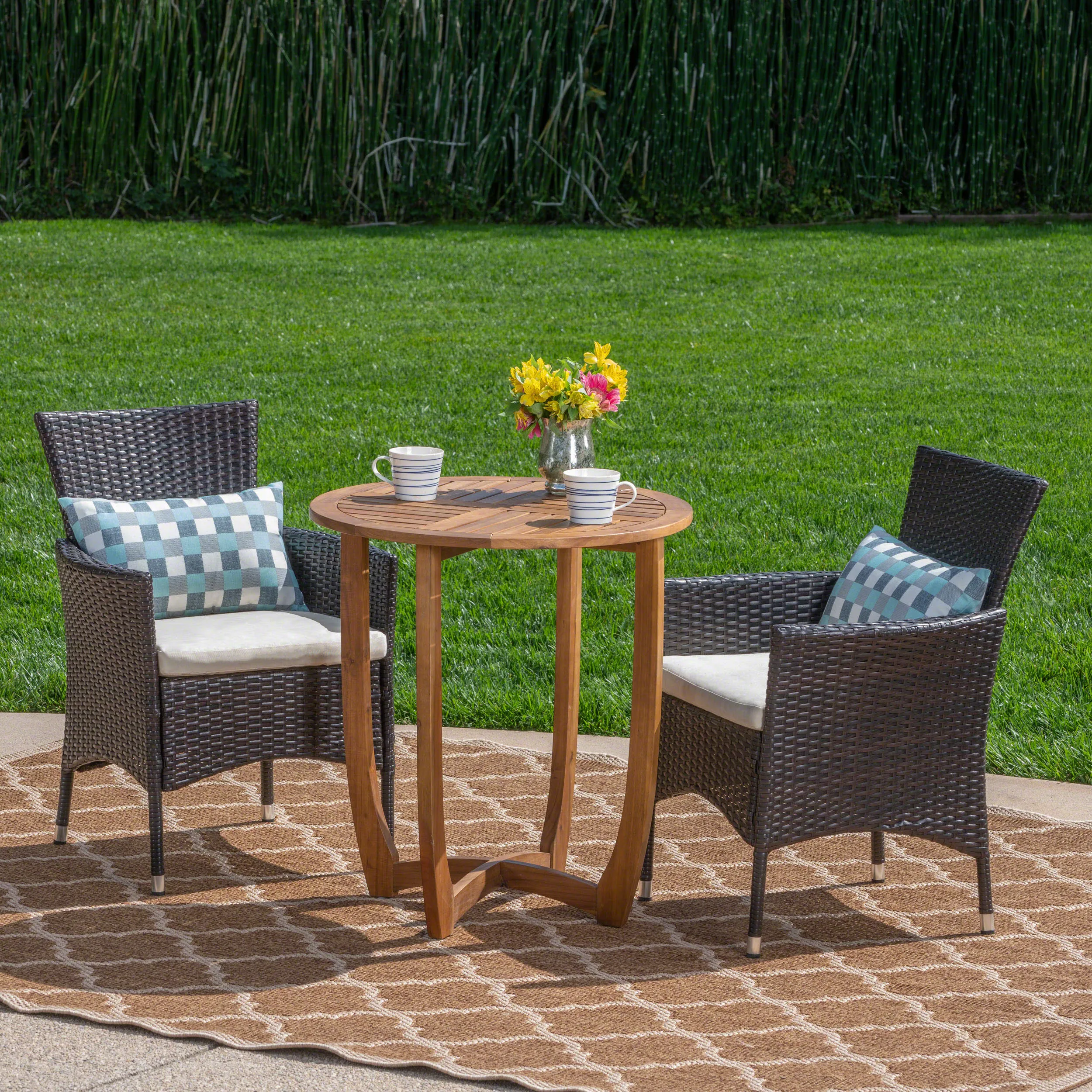 Outdoor 3 Piece Acacia Wood/ Wicker Bistro Set with Cushions, Teak Finish and Multibrown with Beige - NH003403 patio chairs, outdoor seating