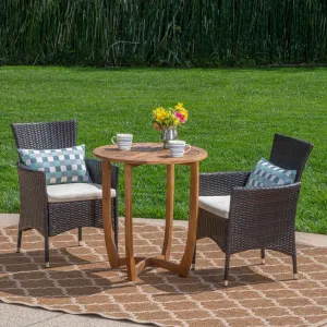 Outdoor 3 Piece Acacia Wood/ Wicker Bistro Set with Cushions, Teak Finish and Multibrown with Beige - NH003403 patio chairs, outdoor seating
