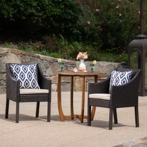 Outdoor 3 Piece Acacia Wood/ Wicker Bistro Set with Cushions, Teak Finish and Multibrown with Beige - NH303403 patio chairs, outdoor seating