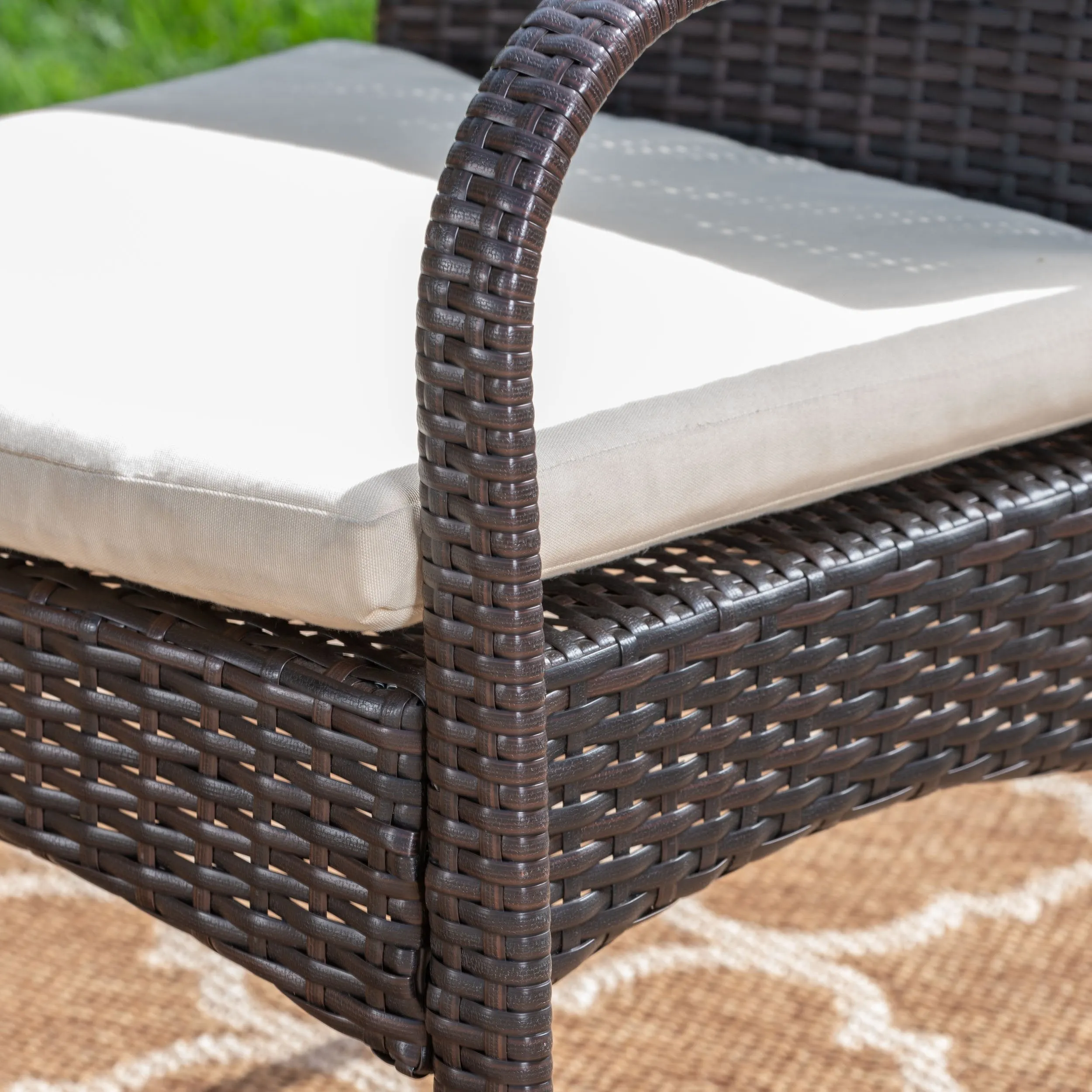 Outdoor 3 Piece Acacia Wood/ Wicker Bistro Set with Cushions, Teak Finish and Multibrown with Crme - NH203403