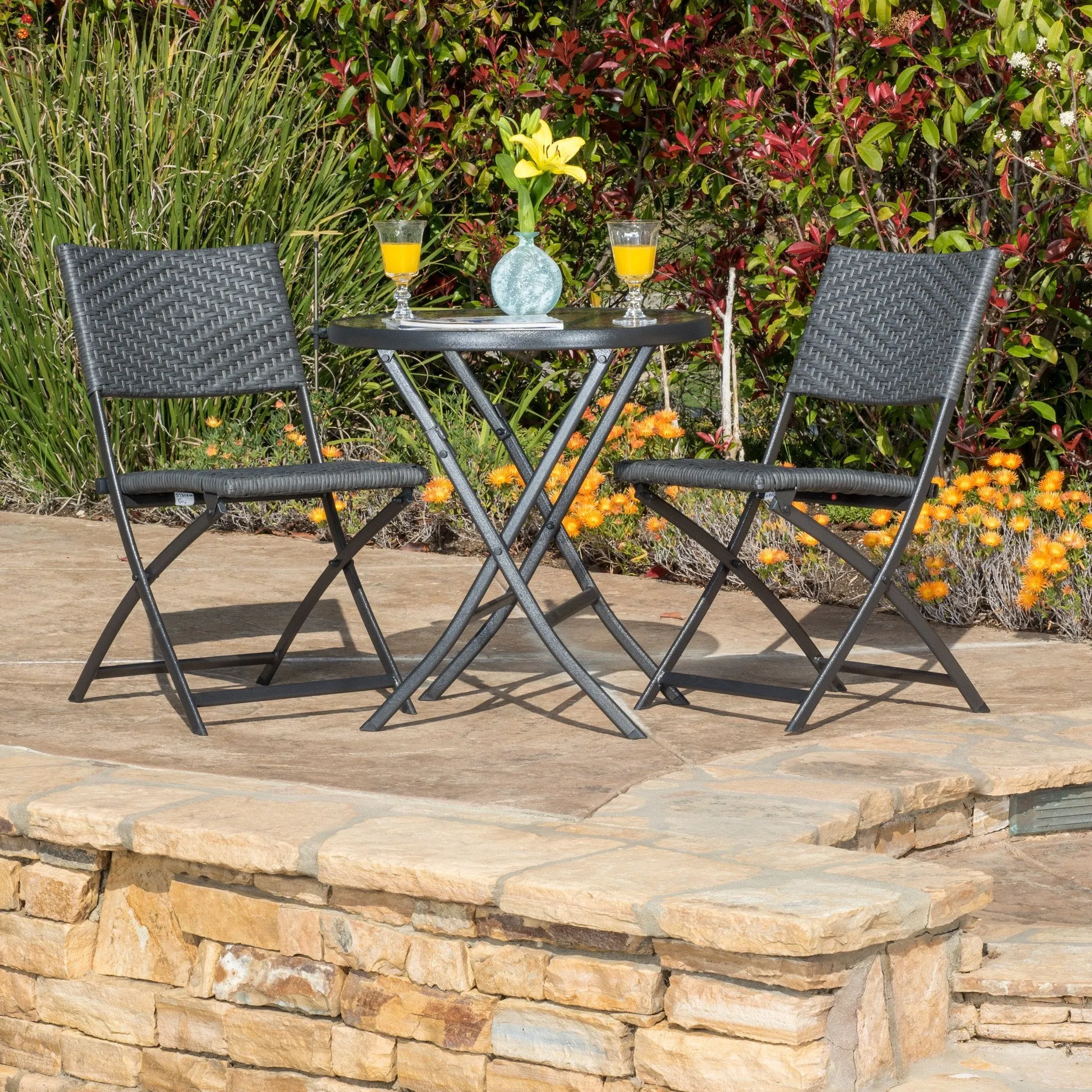 Outdoor 3-Piece Gray Wicker Folding Bistro Set With Aquatex Glass Top - NH807692 patio chairs, outdoor seating