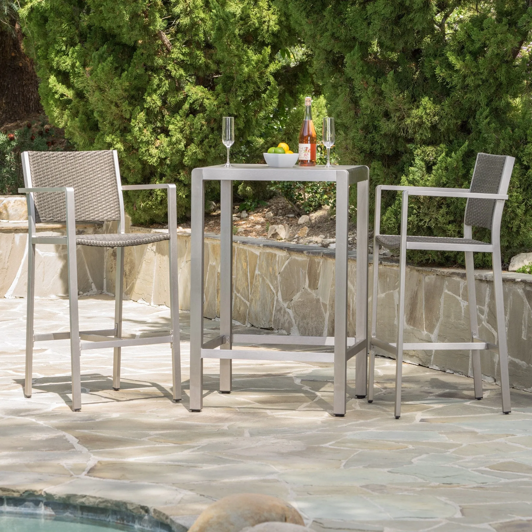 Outdoor 3 Piece Grey Wicker Bar Set with Glass Table Top - NH063003 patio chairs, outdoor seating