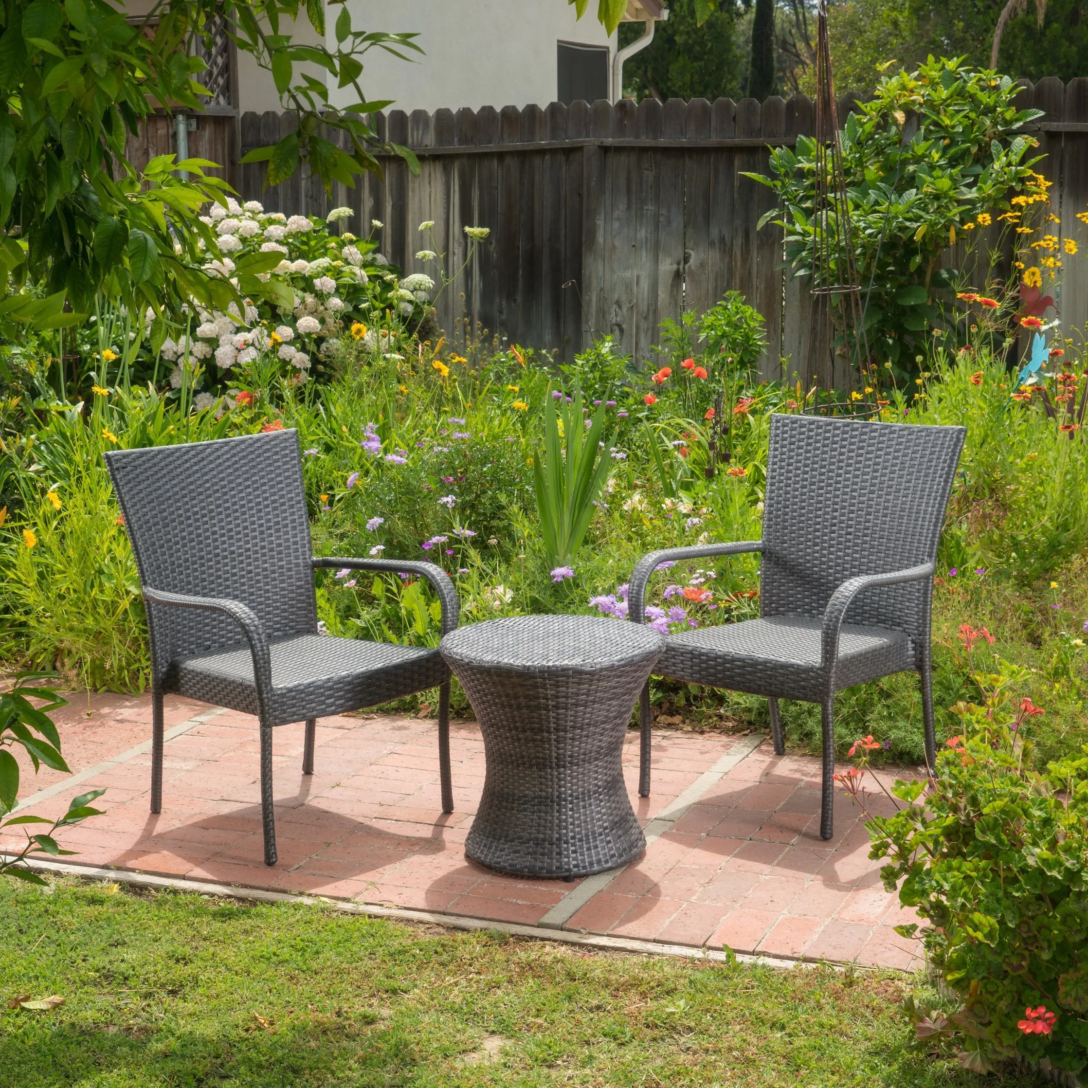 Outdoor 3 Piece Grey Wicker Stacking Chair Chat Set - NH669003 patio chairs, outdoor seating