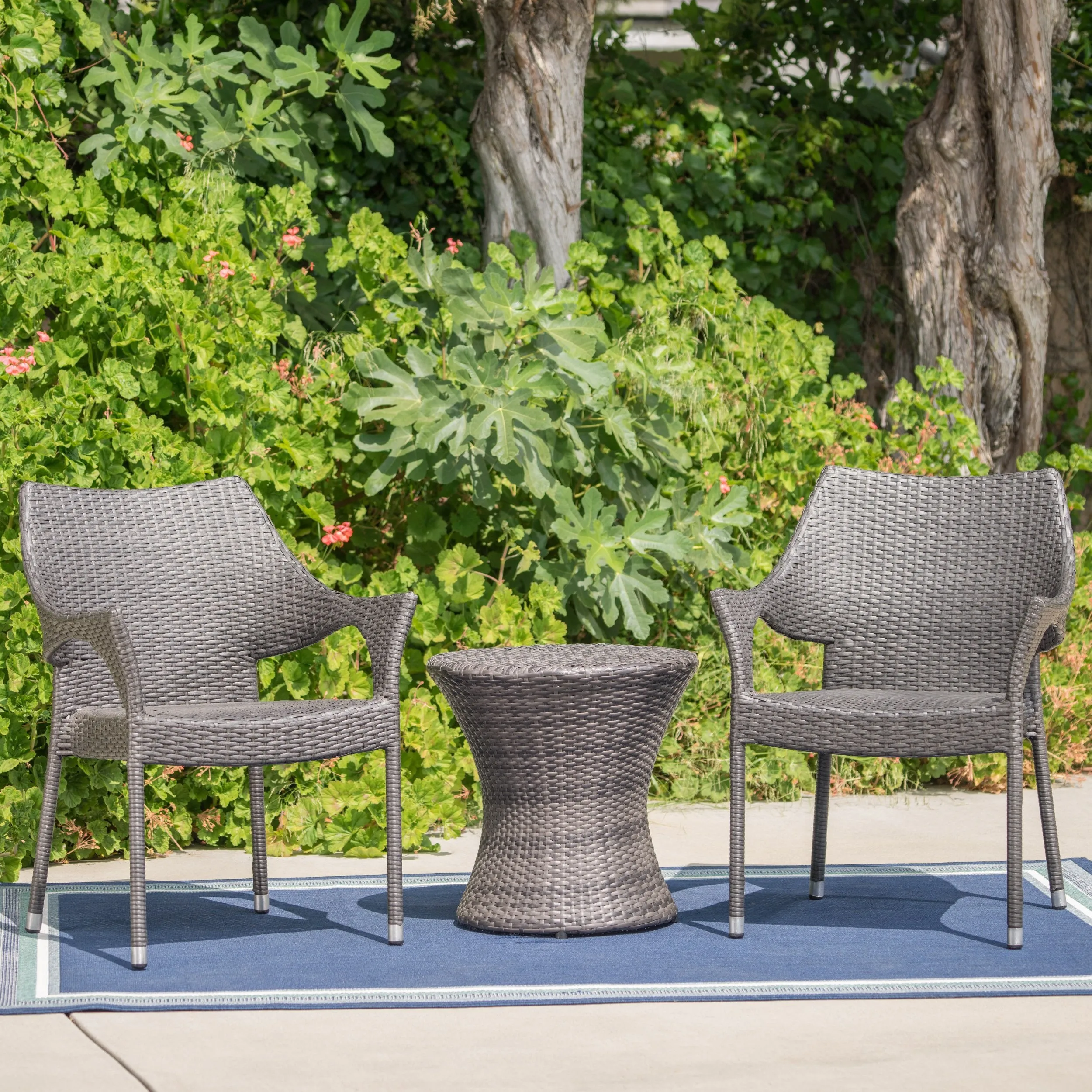 Outdoor 3 Piece Grey Wicker Stacking Chair Chat Set - NH869003 patio chairs, outdoor seating
