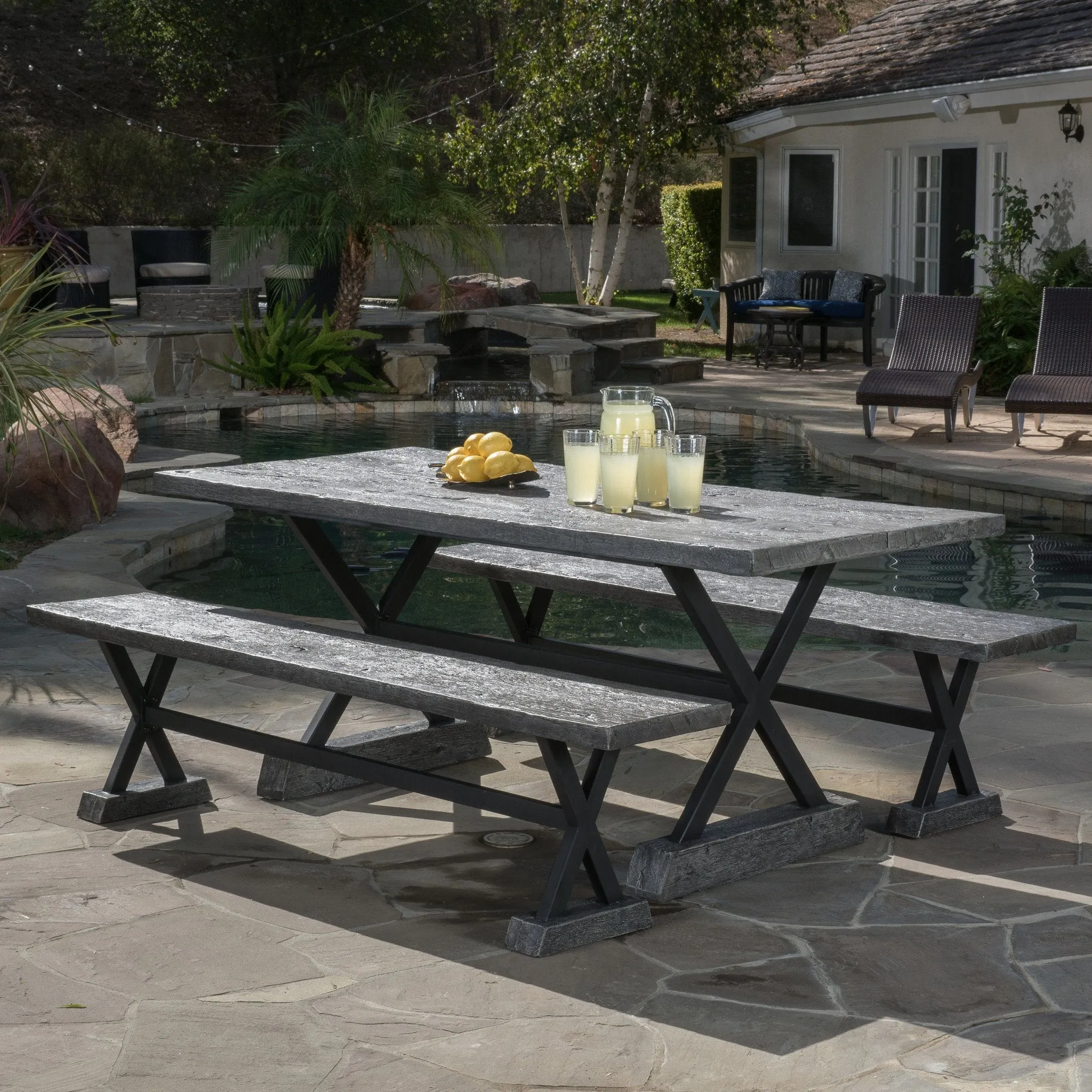 Outdoor 3 Piece Lightweight Concrete Dining Set with Benches - NH829592 patio chairs, outdoor seating