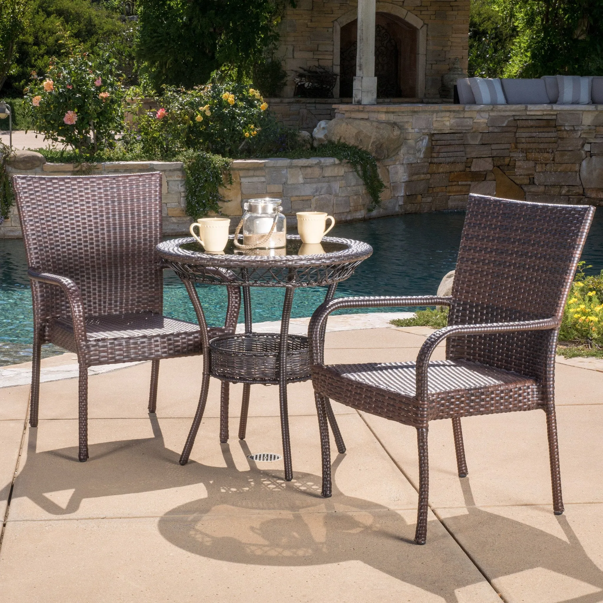Outdoor 3-Piece Multi-Brown Wicker Bistro Set with Tempered Glass Top - NH396592 patio chairs, outdoor seating