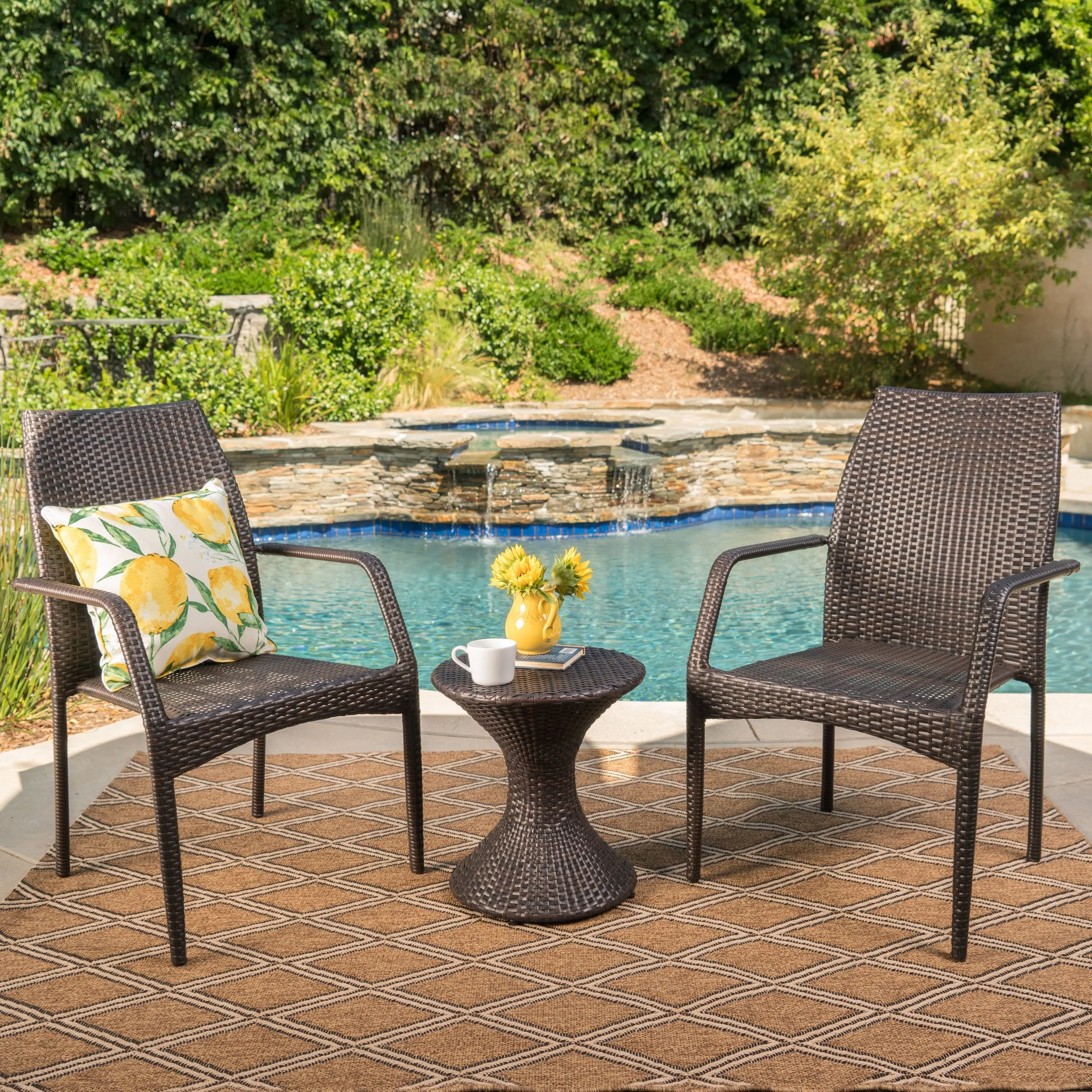 Outdoor 3 Piece Multi-Brown Wicker Chat Set with Stacking Chairs - NH684103 patio chairs, outdoor seating