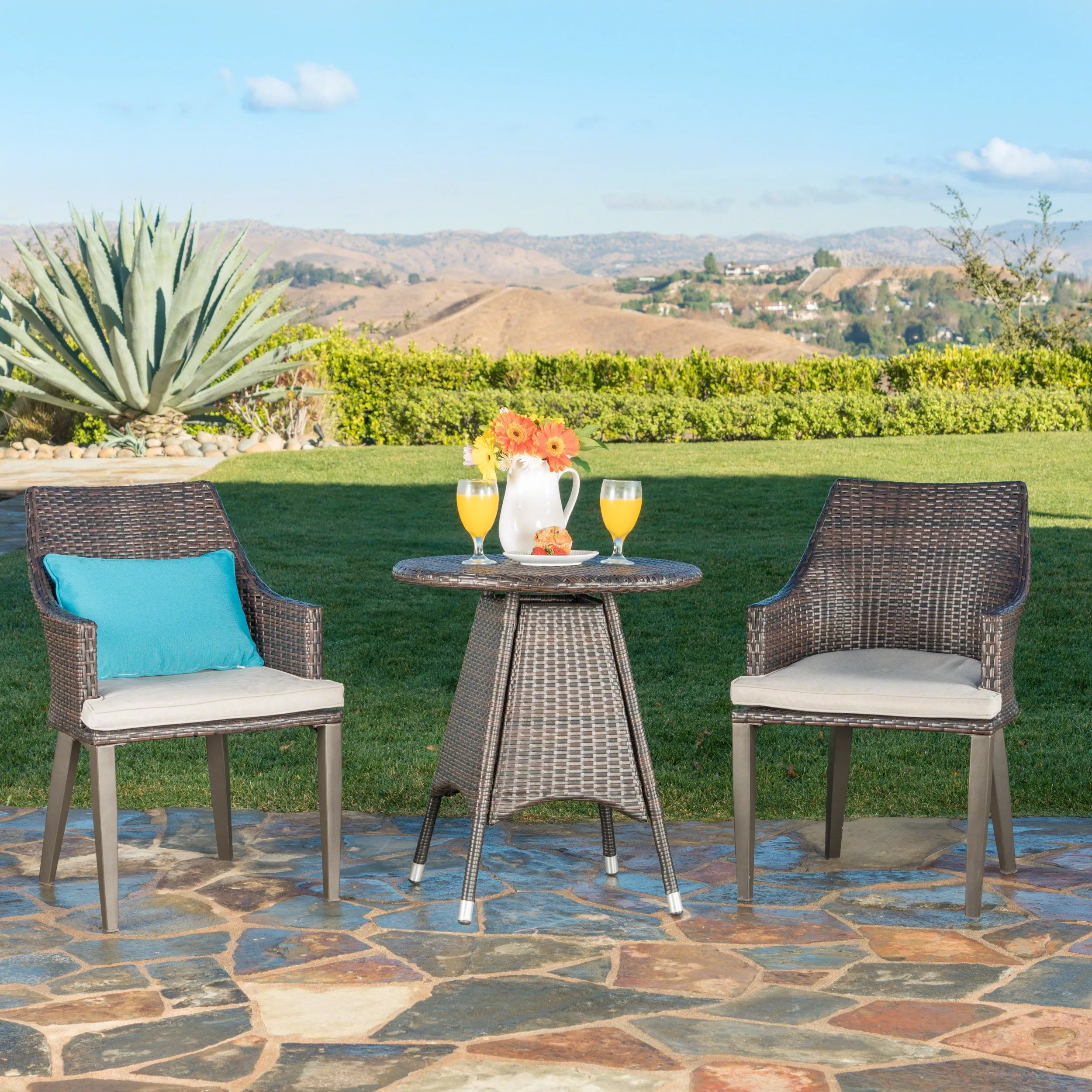 Outdoor 3 Piece Multibrown Wicker Round Bistro Set - NH174203 patio chairs, outdoor seating