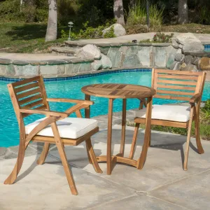 Outdoor 3-Piece Teak Finish Acacia Wood Bistro Set with Cream Cushions - NH126692 patio chairs, outdoor seating