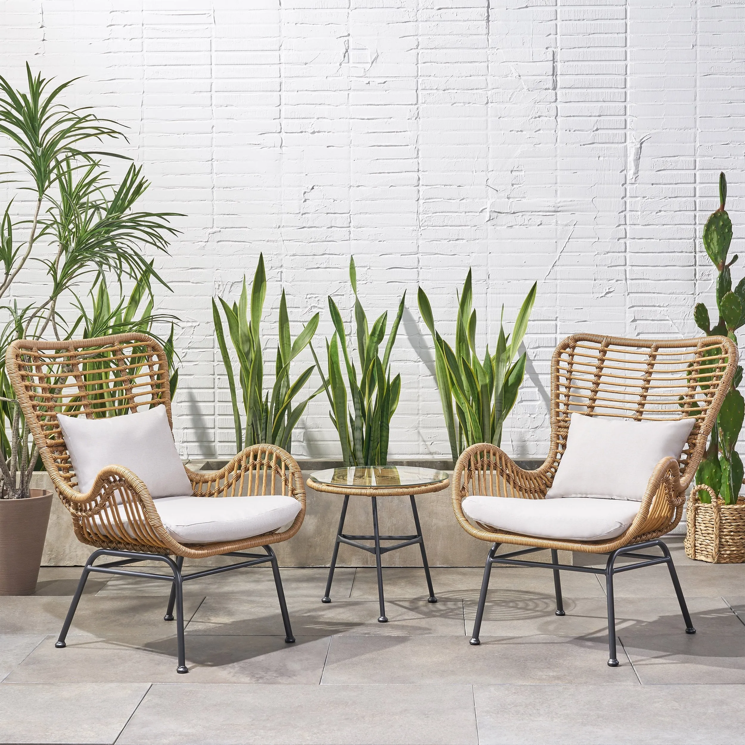 Outdoor 3 Piece Wicker Chat Set with Cushions - NH980013