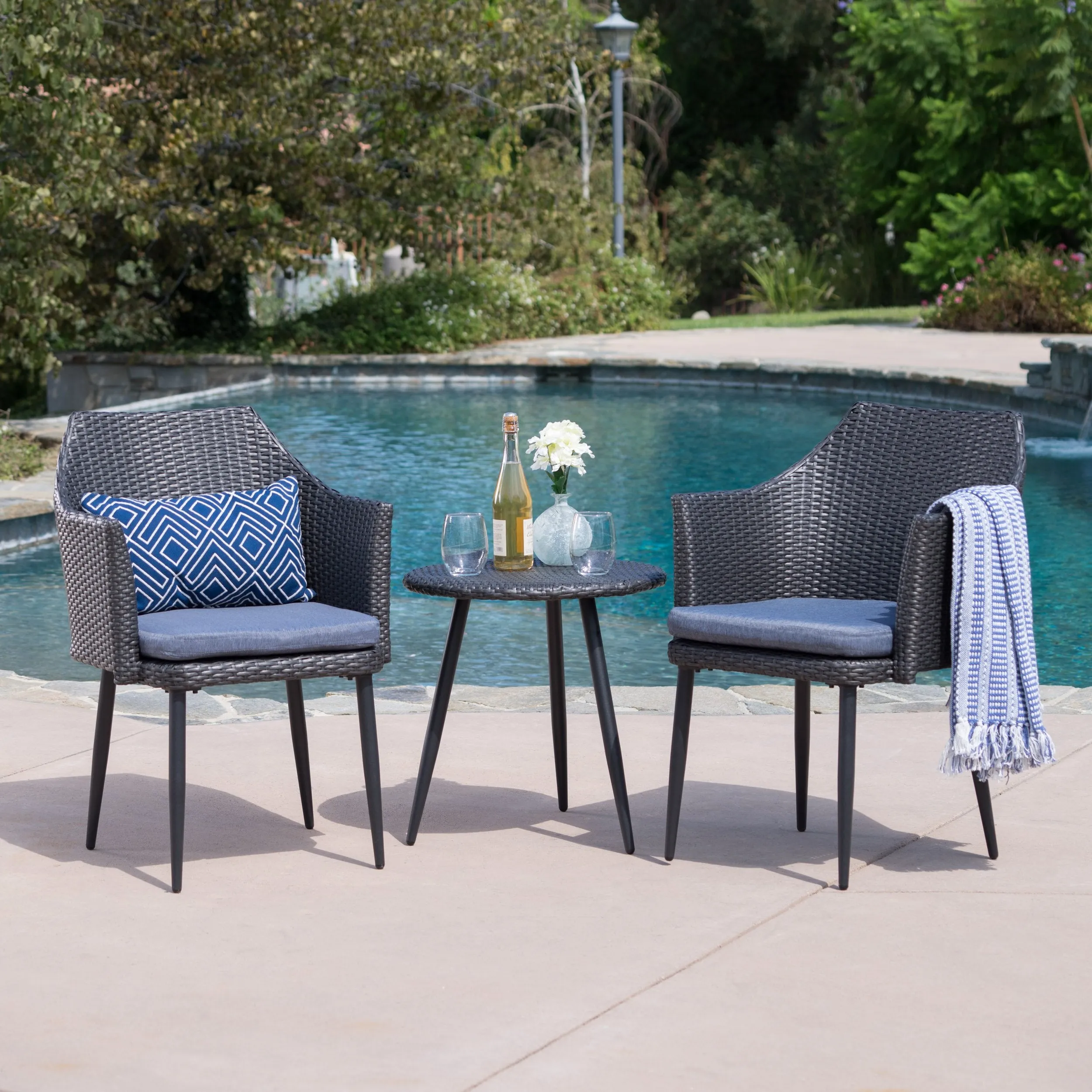 Outdoor 3 Piece Wicker Chat Set with Water Resistant Cushions - NH425103 patio chairs, outdoor seating