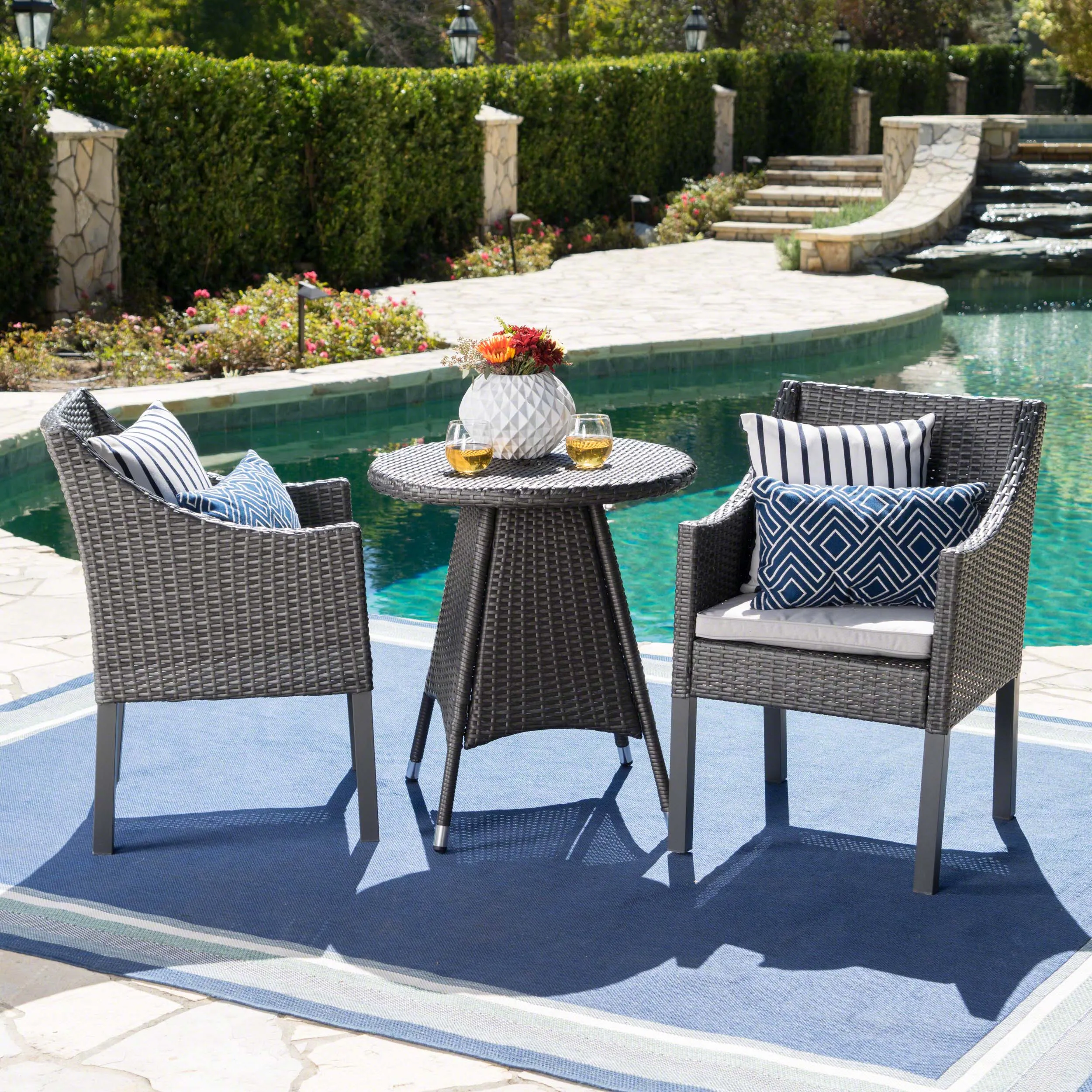 Outdoor 3 Piece Wicker Dining Set with Water Resistant Cushions - NH813203 patio chairs, outdoor seating