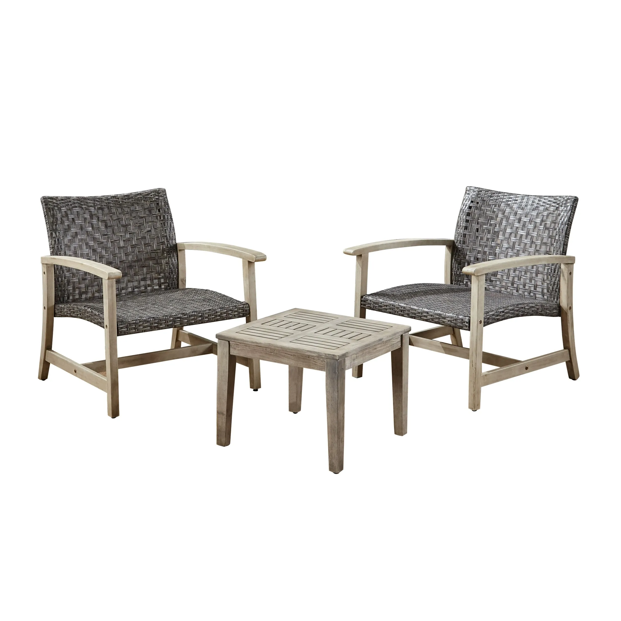 Outdoor 3 Piece Wood and Wicker Club Chairs and Side Table Set - NH541803