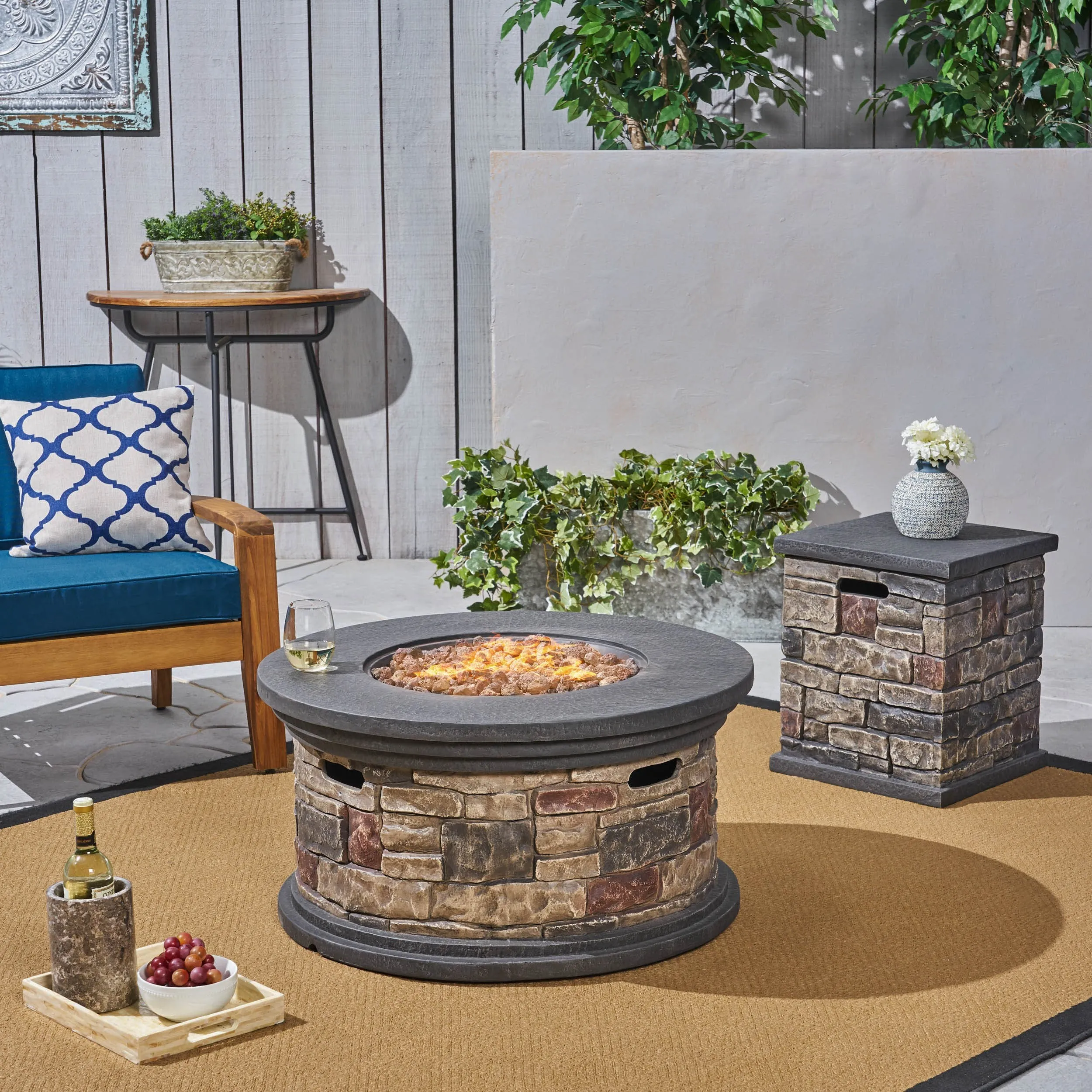 Outdoor 32" Round Light Weight Concrete Fire Pit - 40,000 BTU, Mixed Brown - NH308703 patio chairs, outdoor seating