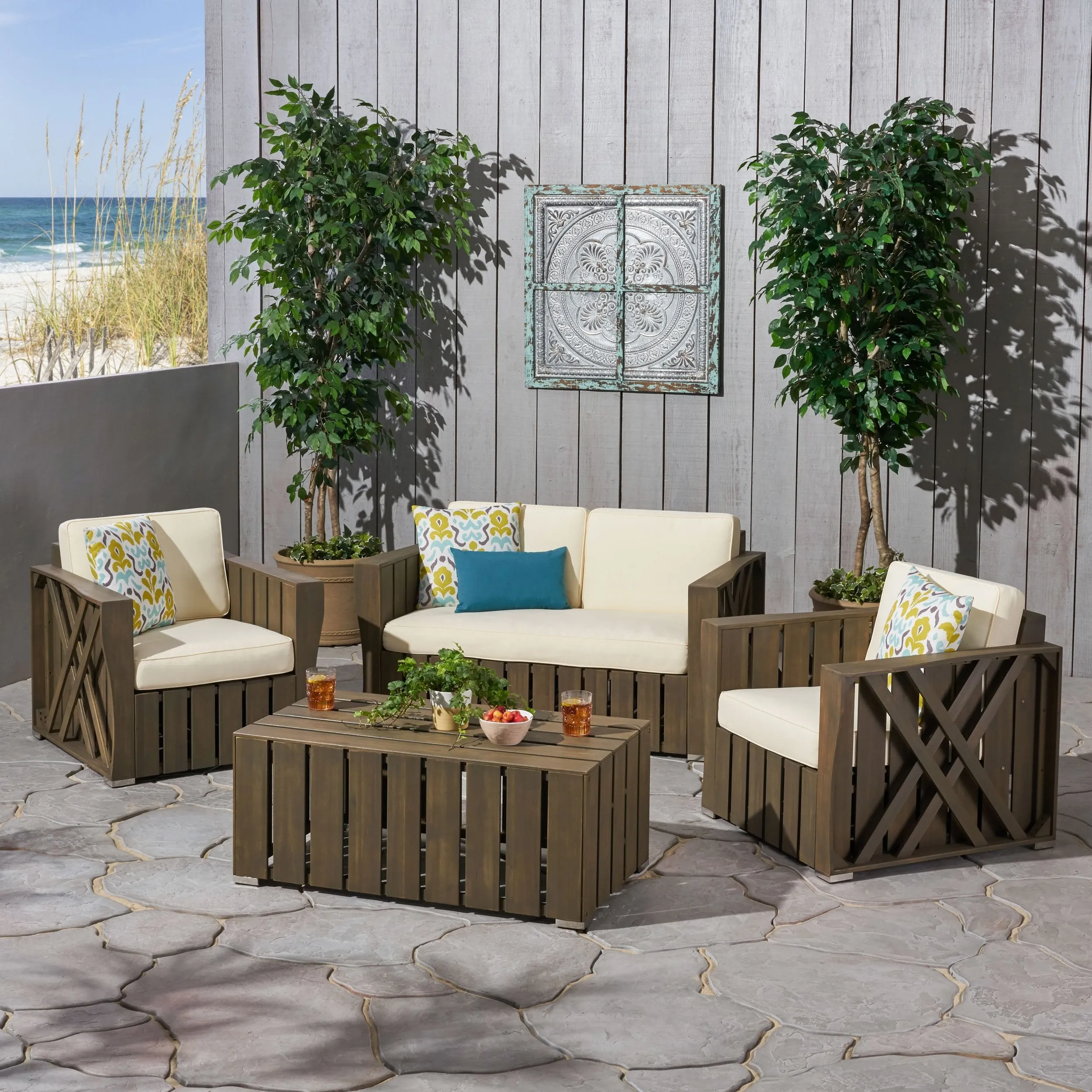 Outdoor 4-piece Acacia Wood Chat Set with Cushions - NH285692 patio chairs, outdoor seating