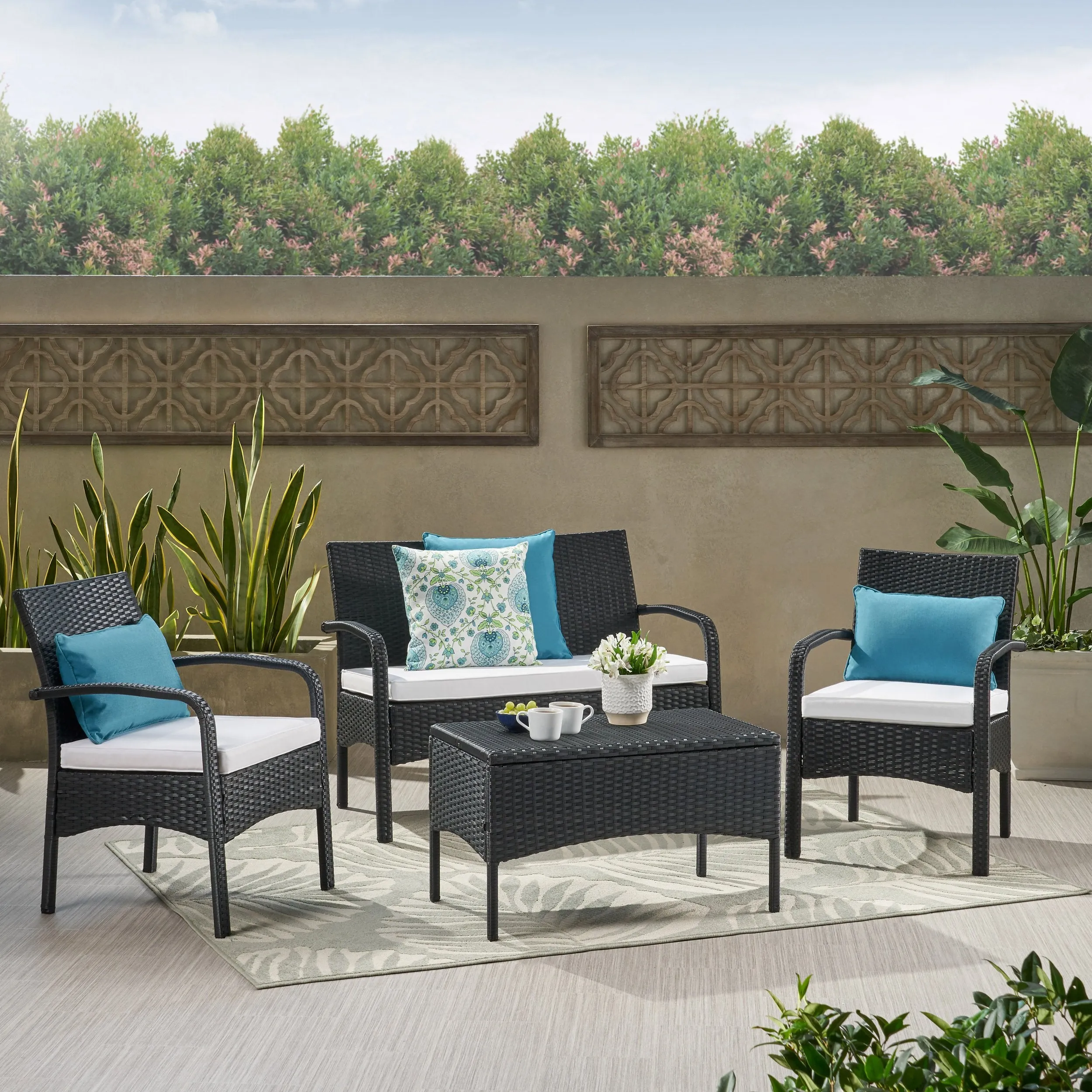 Outdoor 4 Piece Black Wicker Chat Set with White Water Resistant Cushions - NH303303 patio chairs, outdoor seating