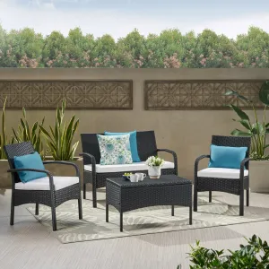 Outdoor 4 Piece Black Wicker Chat Set with White Water Resistant Cushions - NH303303 patio chairs, outdoor seating