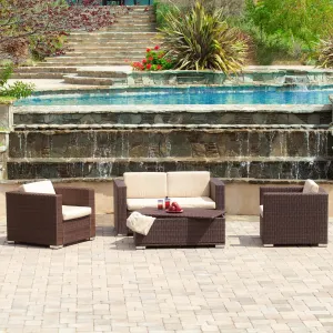 Outdoor 4-Piece Brown Wicker Sofa Set with Storage Ottoman Table - NH382612 patio chairs, outdoor seating
