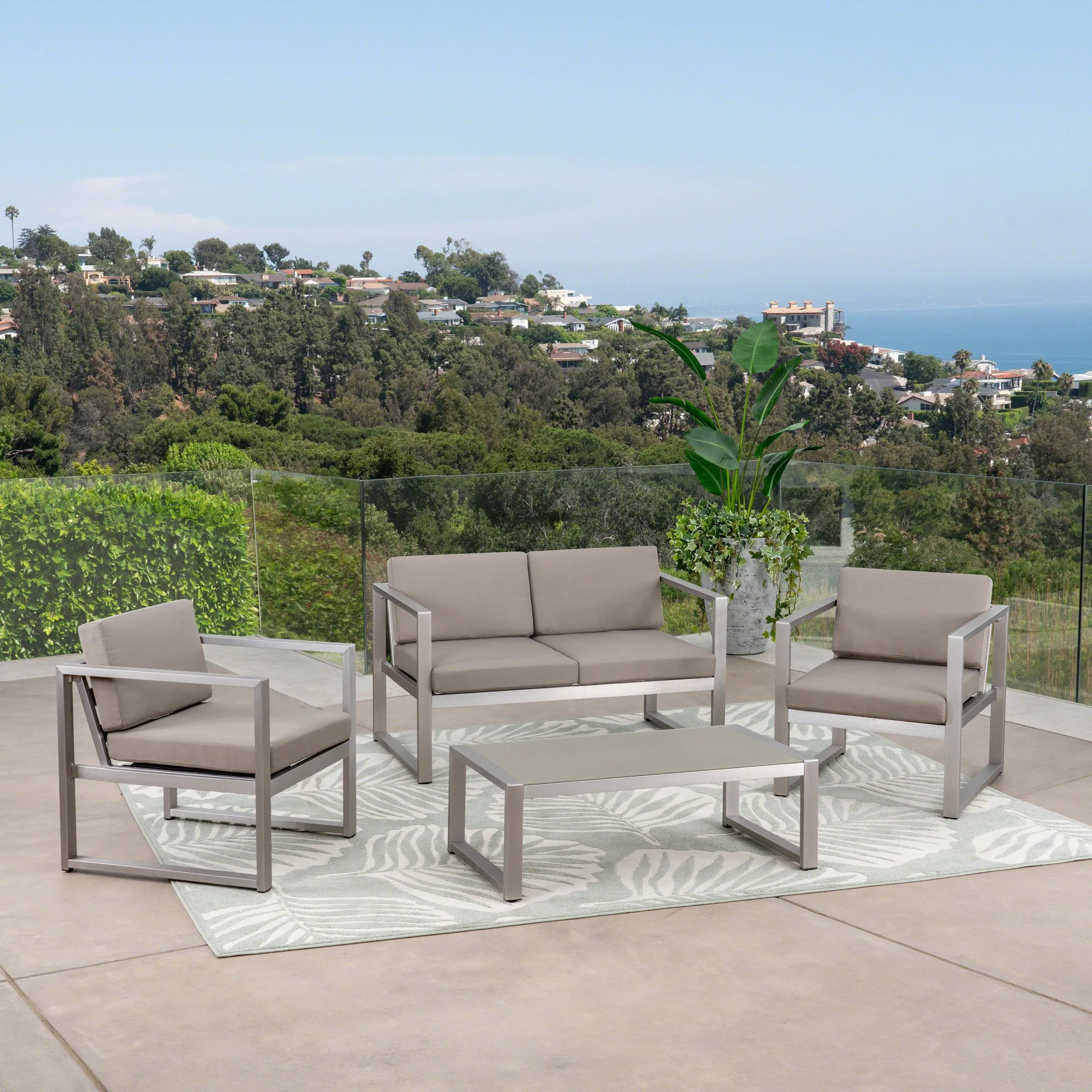 Outdoor 4 Piece Silver Rust-Proof Aluminum Chat Set with Khaki Water Resistant Cushions - NH652403 patio chairs, outdoor seating