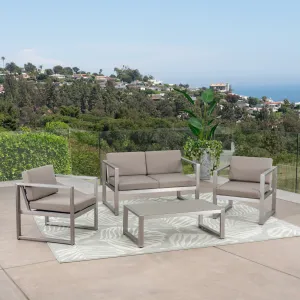 Outdoor 4 Piece Silver Rust-Proof Aluminum Chat Set with Khaki Water Resistant Cushions - NH652403 patio chairs, outdoor seating