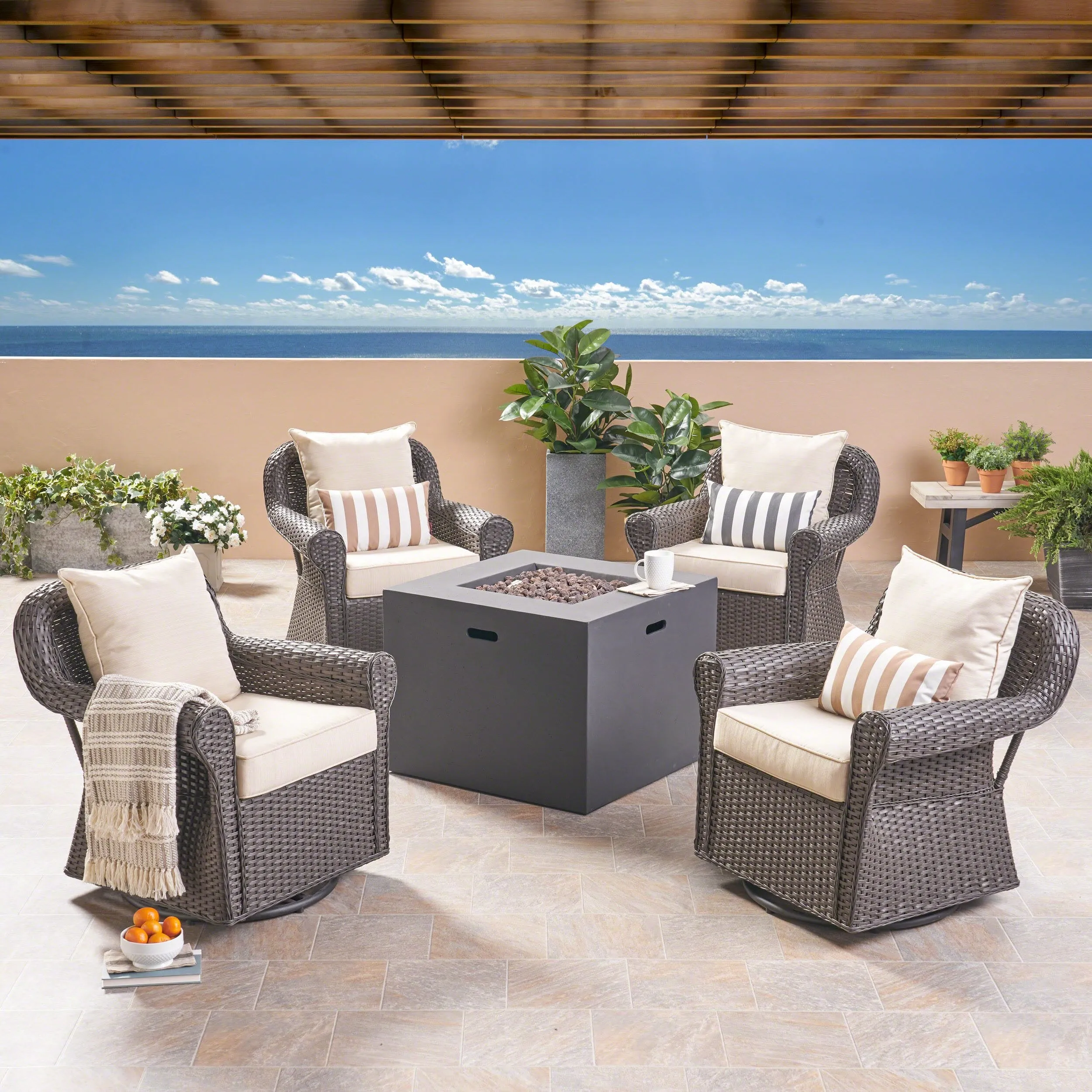 Outdoor 4 Piece Swivel Club Chair Set with Square Fire Pit - NH182503 patio chairs, outdoor seating