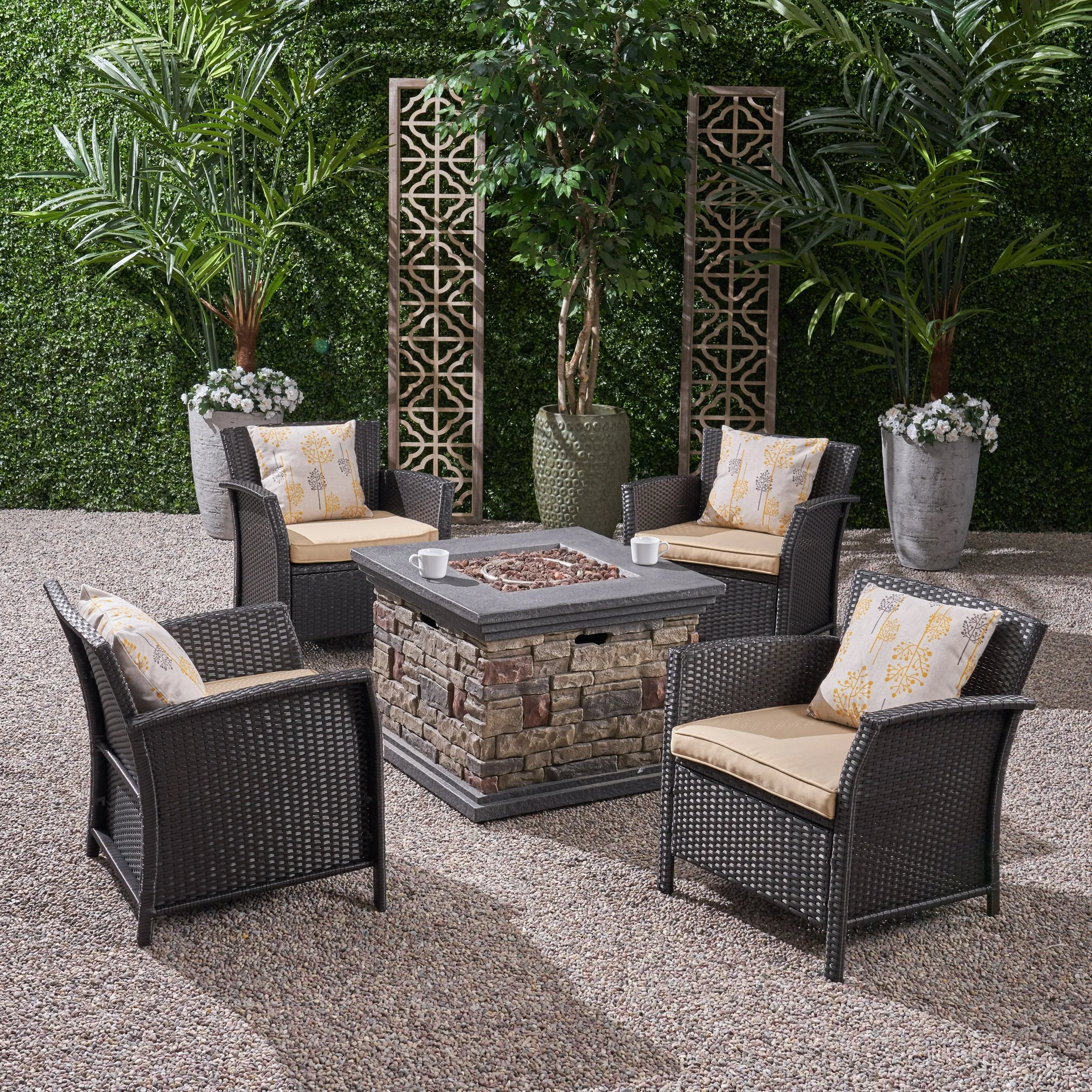 Outdoor 4 Piece Wicker Club Chair Chat Set with Fire Pit - NH474503 patio chairs, outdoor seating
