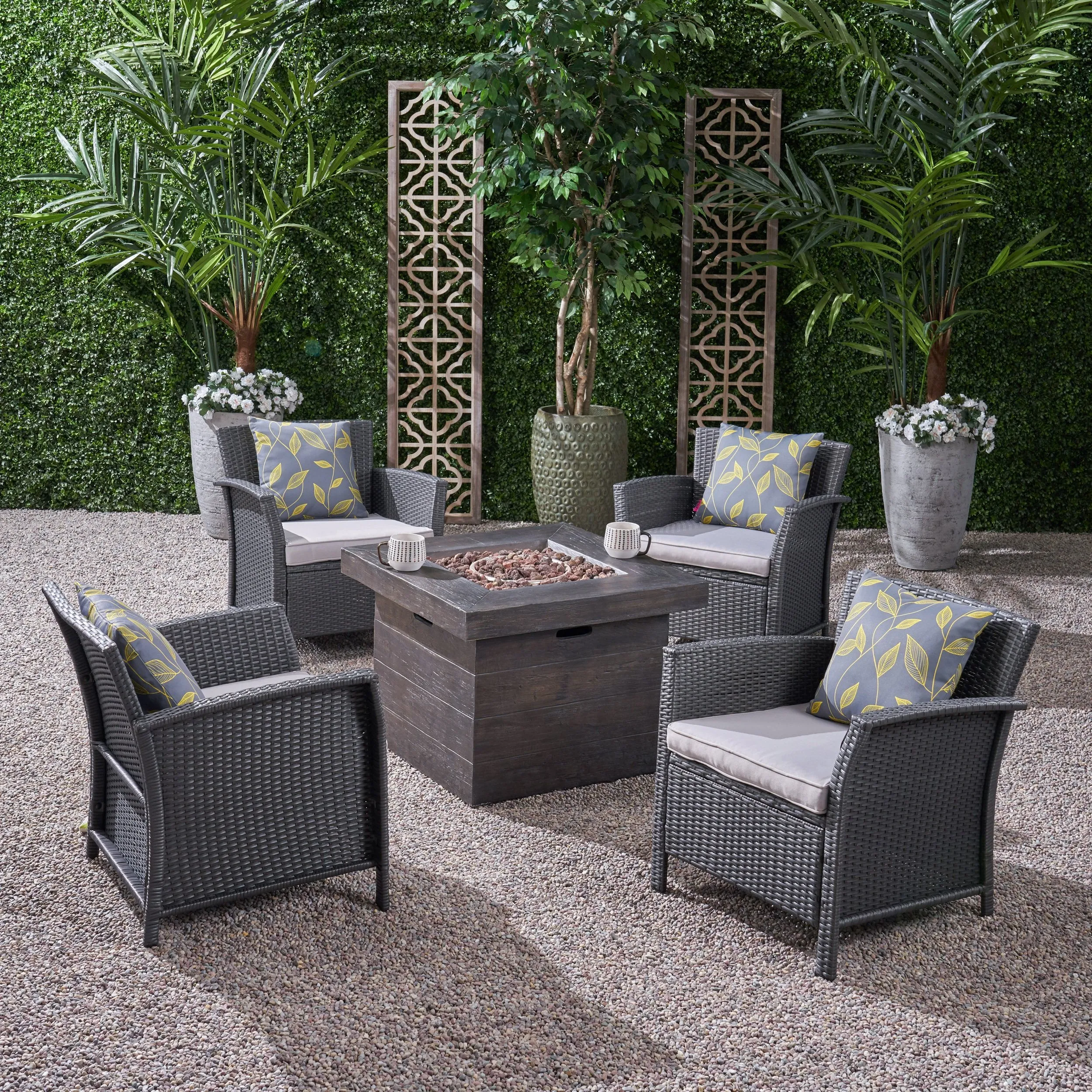 Outdoor 4 Piece Wicker Club Chair Chat Set with Wood Finished Fire Pit - NH134503 patio chairs, outdoor seating