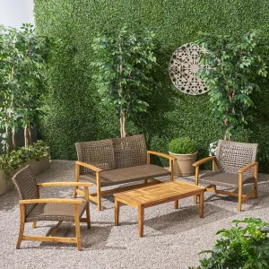 Outdoor 4 Piece Wood and Wicker Chat Set - NH861803 patio chairs, outdoor seating