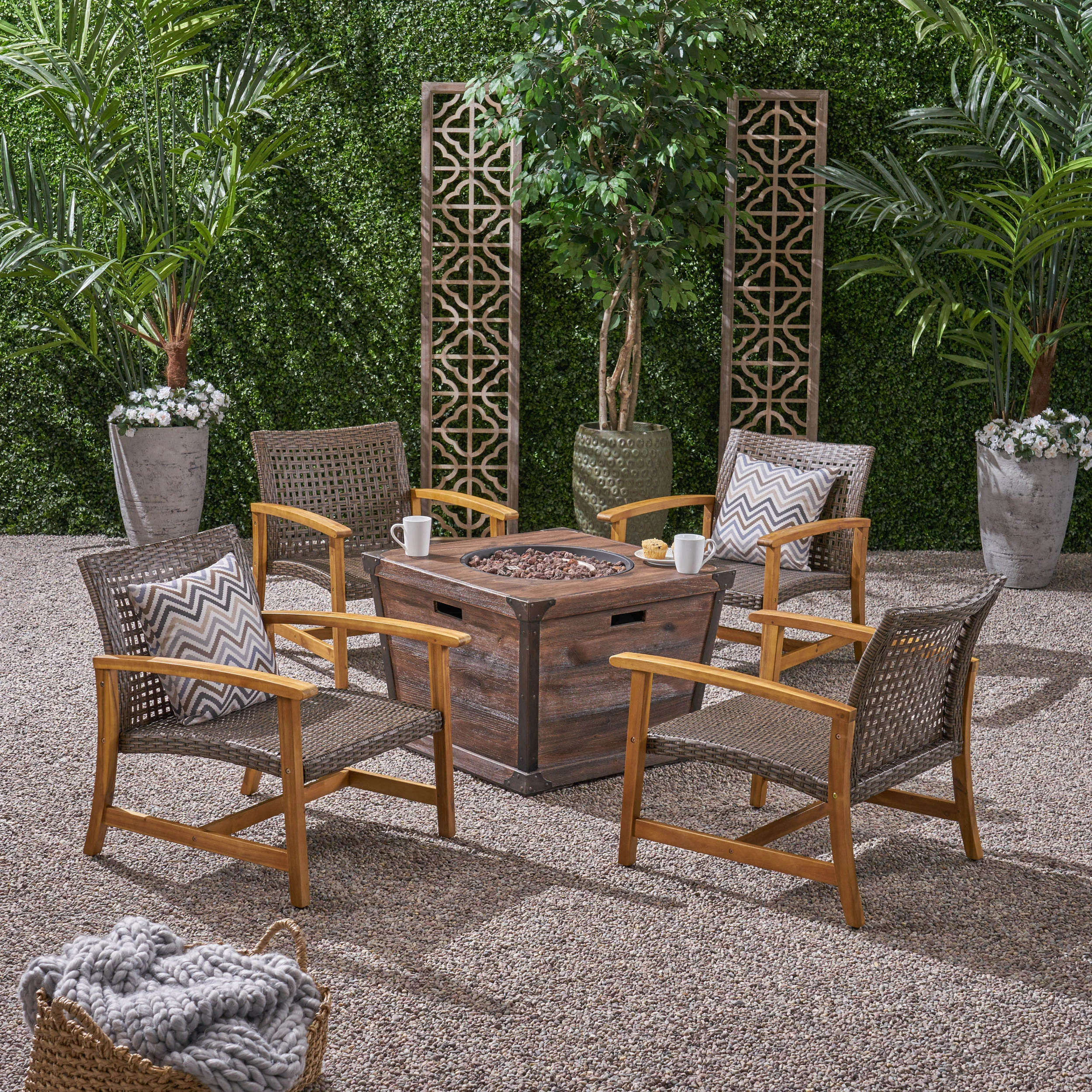 Outdoor 4 Piece Wood and Wicker Club Chair Set with Fire Pit - NH818703 patio chairs, outdoor seating