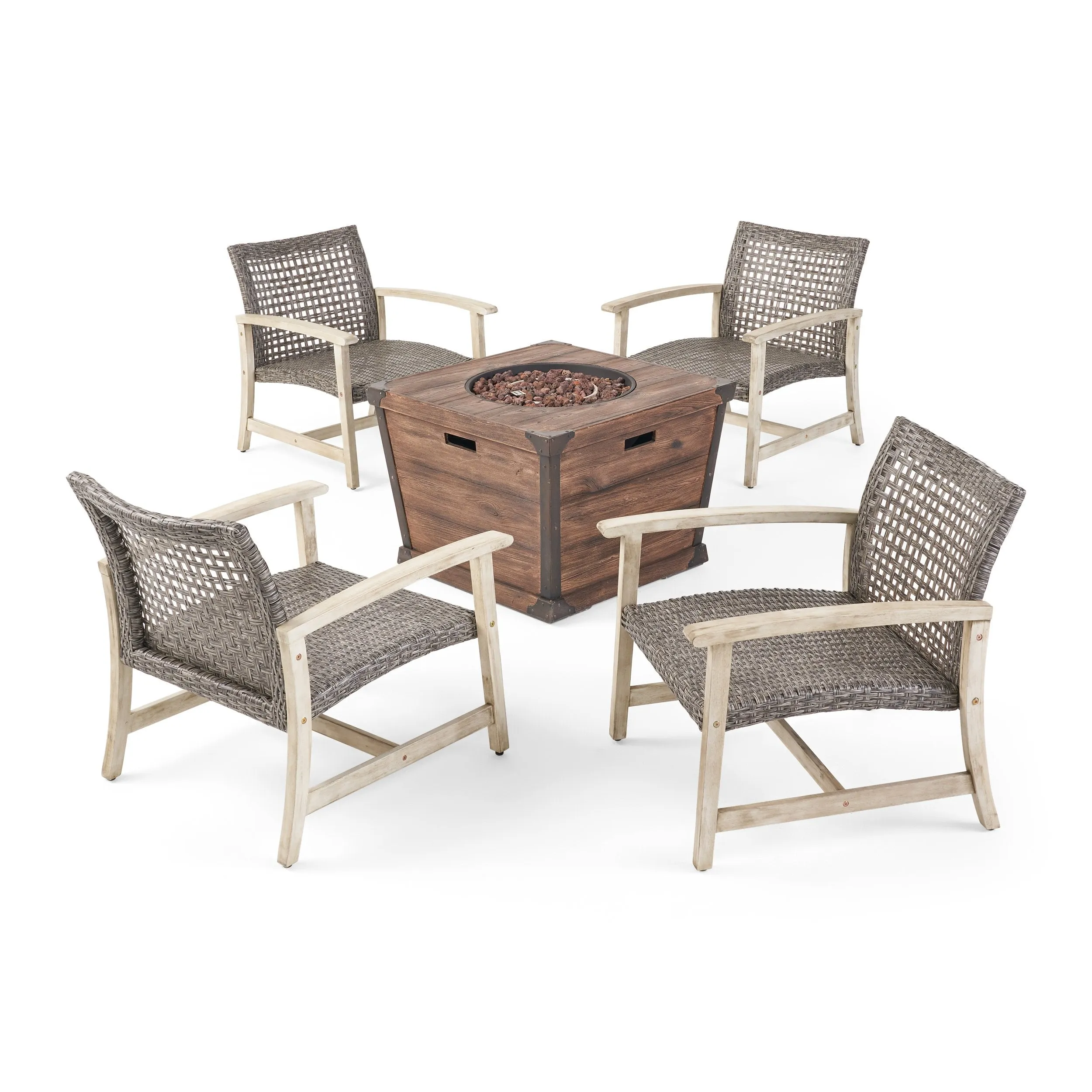 Outdoor 4 Piece Wood and Wicker Club Chair Set with Fire Pit - NH818703