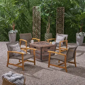 Outdoor 4 Piece Wood and Wicker Club Chair Set with Fire Pit - NH818703 patio chairs, outdoor seating