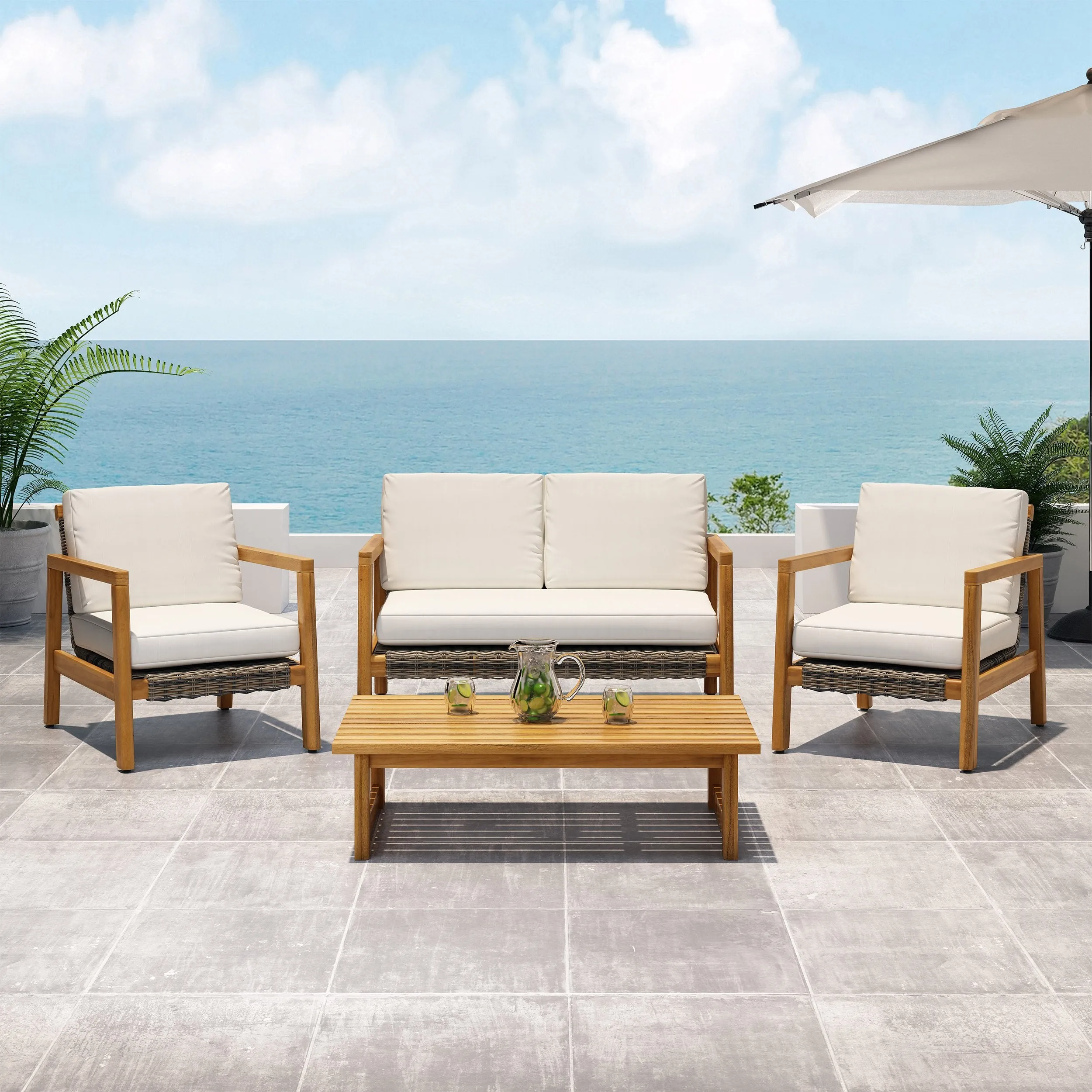 Outdoor 4 Seater Acacia Wood Chat Set with Wicker Accents - NH669213 patio chairs, outdoor seating