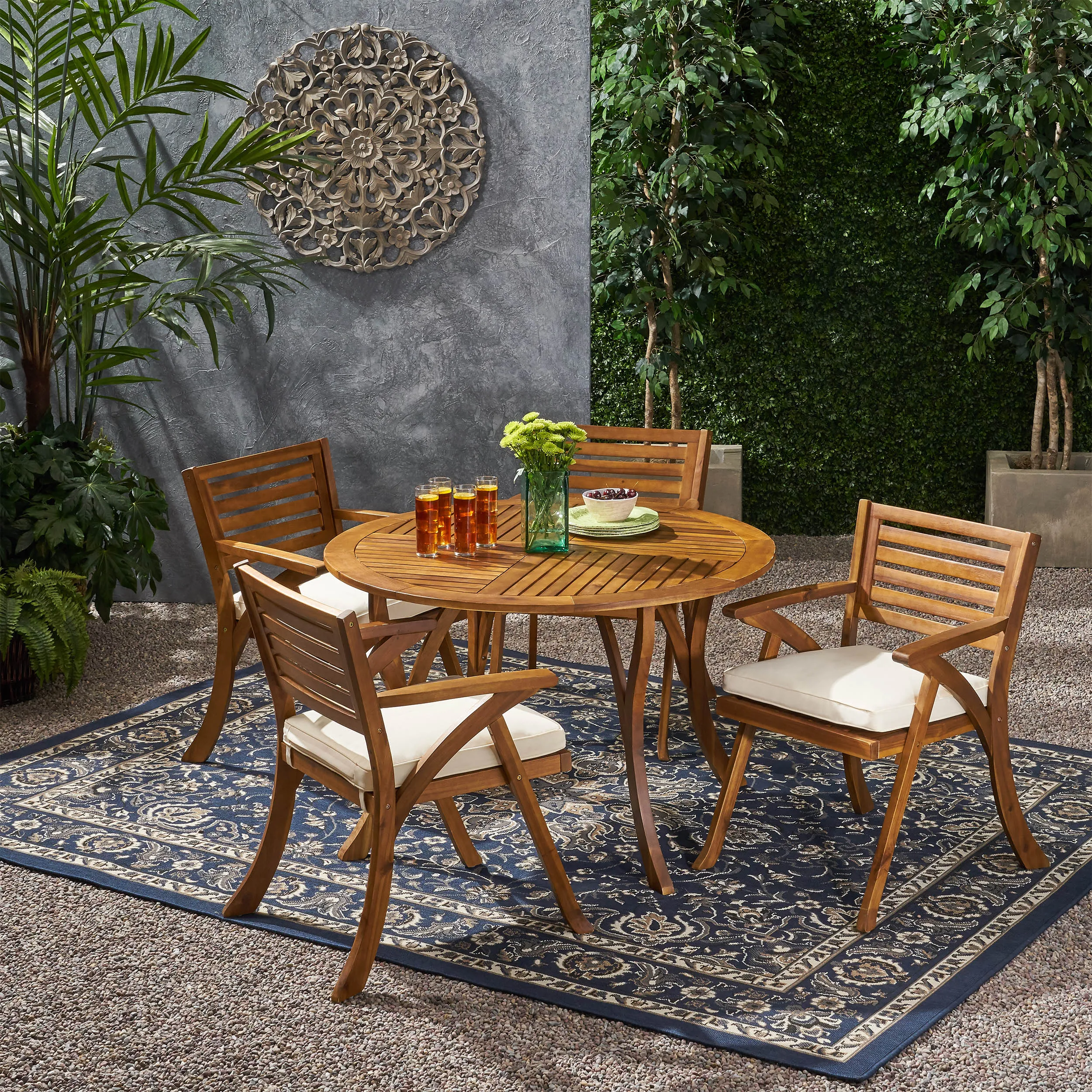 Outdoor 4 Seater Acacia Wood Circular Dining Set with Cushions - NH359903 patio chairs, outdoor seating
